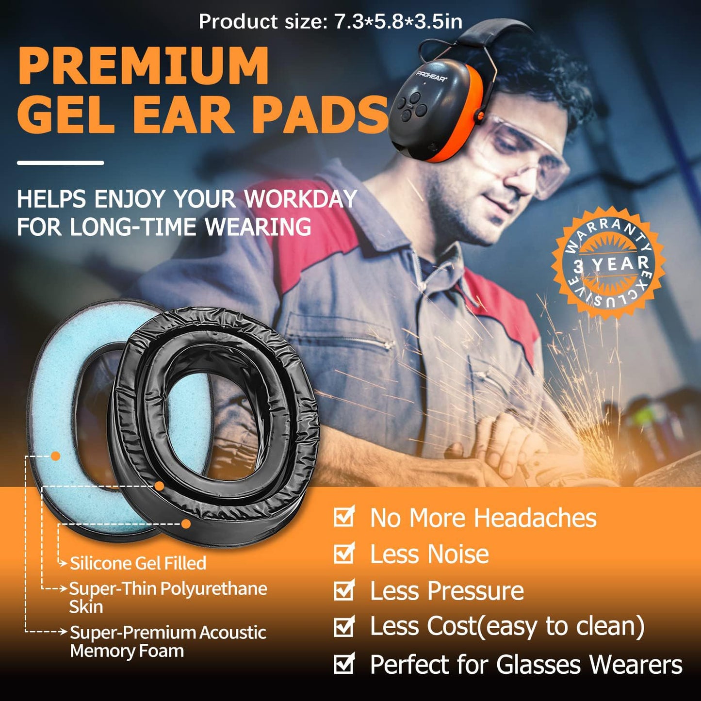 PROHEAR 037 Gel Ear Pads Bluetooth 6.0 Hearing Protection Headphones,1500mAh Rechargeable Battery for 120H Playtime Perfect for Mowing Workshops Snowblowing - Orange