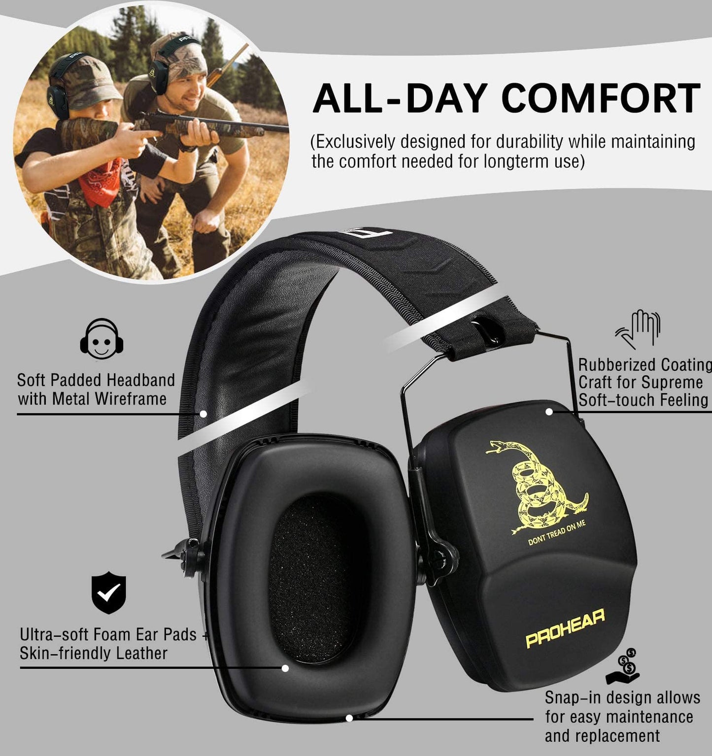 PROHEAR 016 Ear Protection Safety Earmuffs for Shooting, NRR 26dB Noise Reduction Slim Passive Hearing Protector with Low-Profile Earcups, Compact Foldable Ear Defenders for Gun Range, Hunting (DTOM)