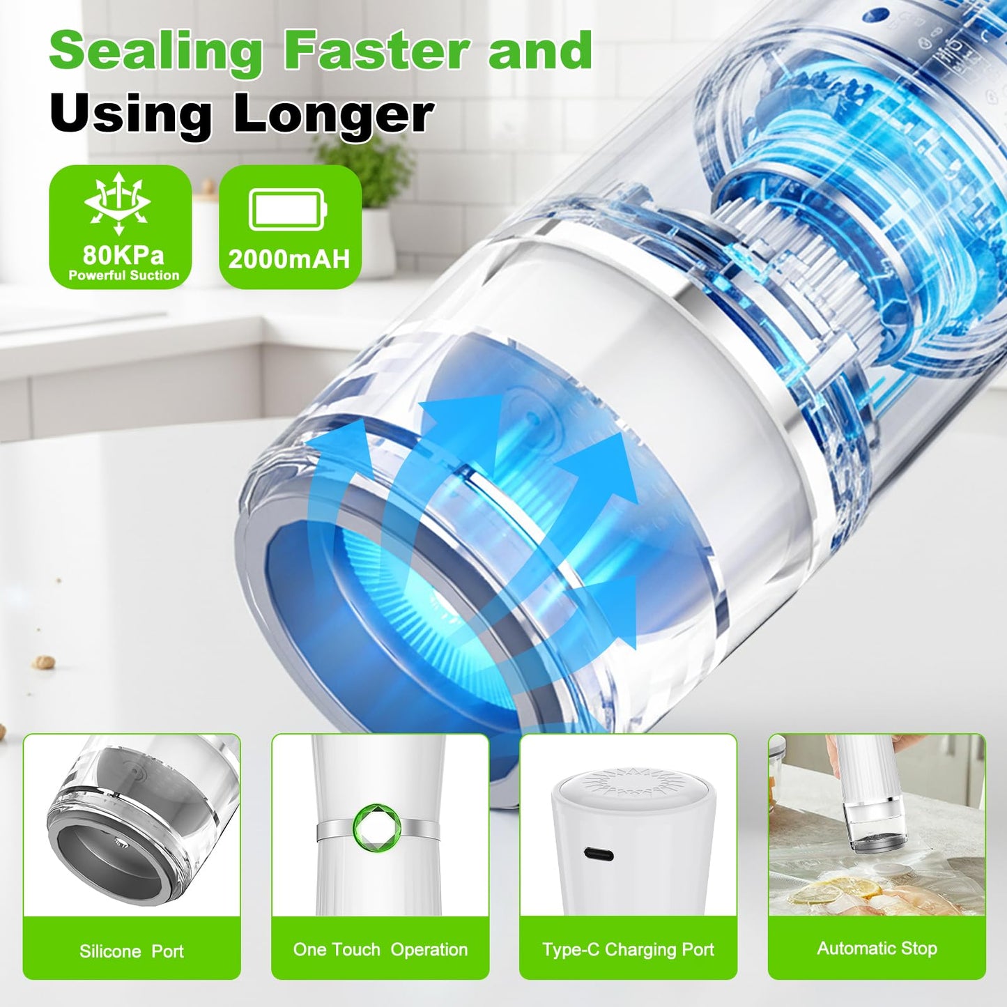 Vacuum Sealer for Food (Compact Vacuum Sealer Machine + 40 Reusable Vacuum Bags), 80Kpa Rechargeable Handheld Vacuum Sealer, Cordless & Portable for Meal Prep, Food Storage, Travel & Kitchen