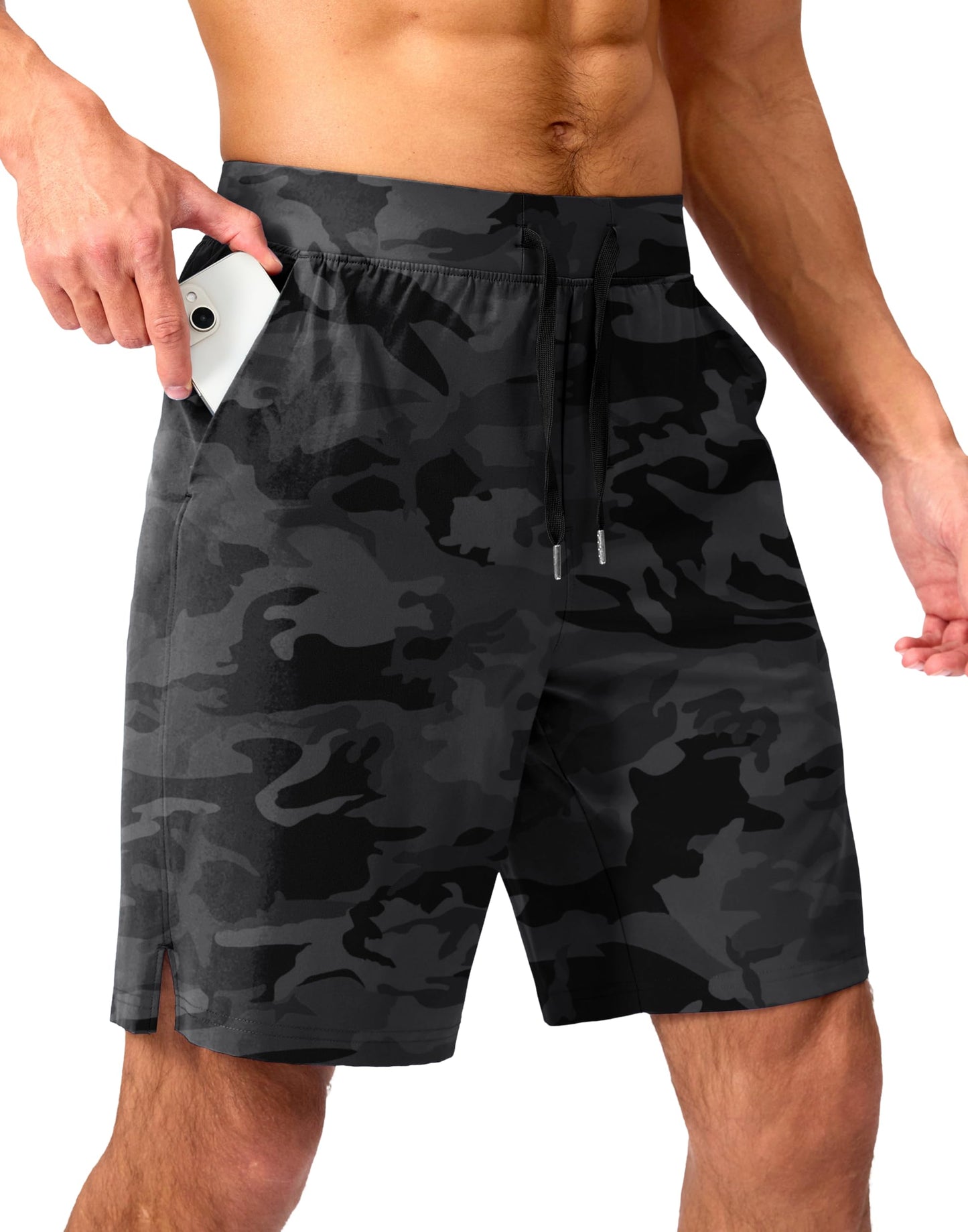 Soothfeel Men's Running Shorts with Zipper Pockets 9 Inch Lightweight Quick Dry Gym Sports Athletic Workout Basketball Shorts for Men (Grey Camo, XXXL)
