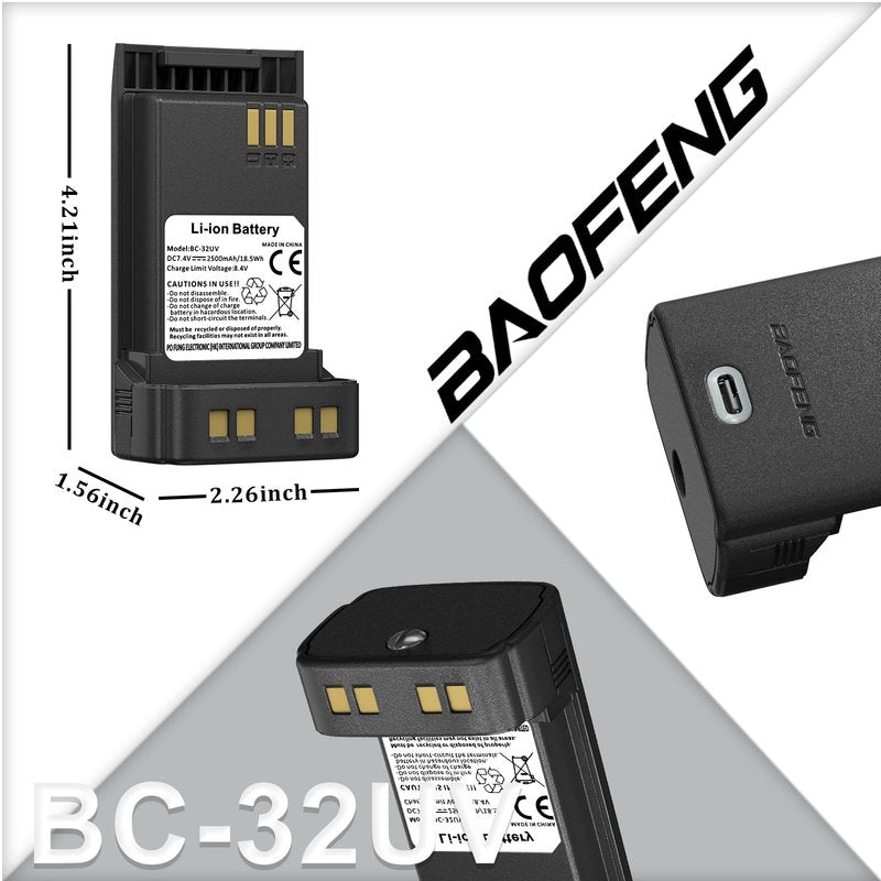 BAOFENG DM-32 Radio Battery 2500mAh Li-ion Battery for UV-32 Walkie Talkie 16.28Wh BC-32UV for UV32 Two Way Radio DC7.4V