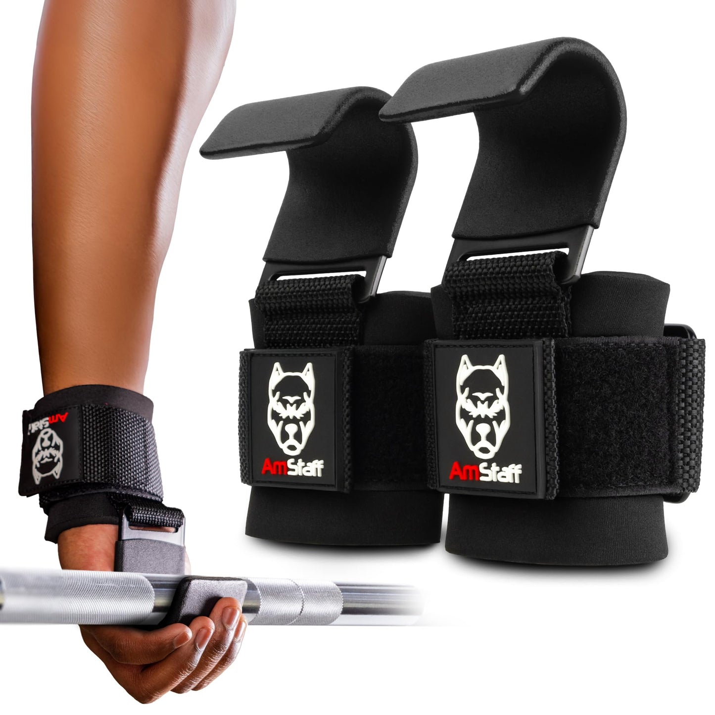 AmStaff Fitness Weight Lifting Hooks (Pair) - Gym Wrist Straps with Steel Hooks for Weightlifting, Pull-Ups, Deadlifts, Strength Training, and Fitness Workouts - Adjustable Neoprene Wrist Support