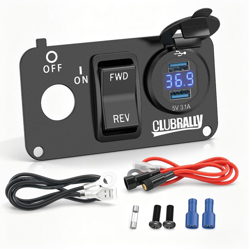 CLUBRALLY Golf Cart Key Switch Console Plate, EZGO TXT Switch Panel with Forward Reverse Switch, DC 9V-48V 3.1A Fast Charge Dual USB Charger, Fit Electric EZGO TXT, Medalist, PDS (Black)
