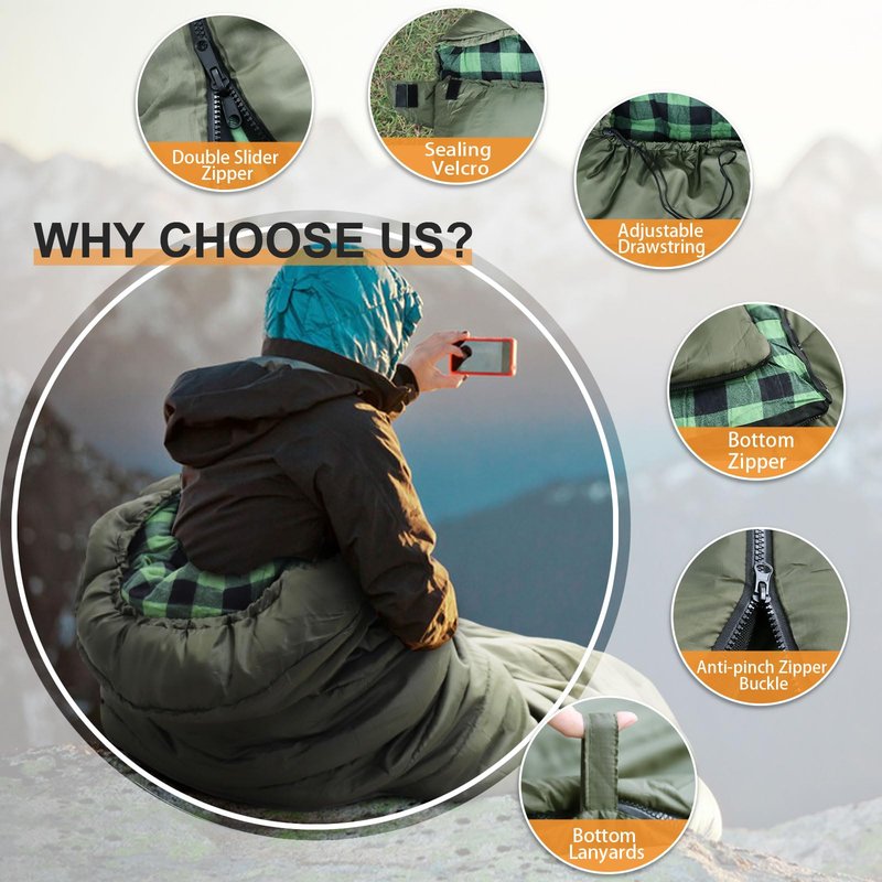 POEPORE 0 Degree Sleeping Bag 100% Cotton Flannel XXL Cold Weather Winter Oversized Sleeping Bag for Adults Camping Zero Degree Big and Tall with Compression Sack