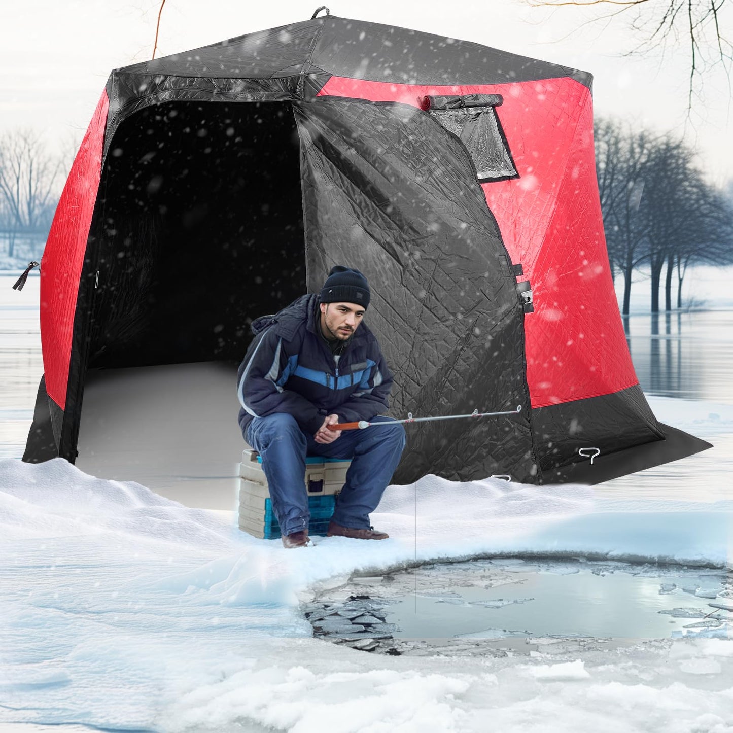 VEVOR Portable Pop-Up Fishing Tent, 24 sq ft Ice Shelter - Hub-Style for Winter Fishing - Waterproof Oxford Shanty with Anchors/Ropes/Bag, 60" x60