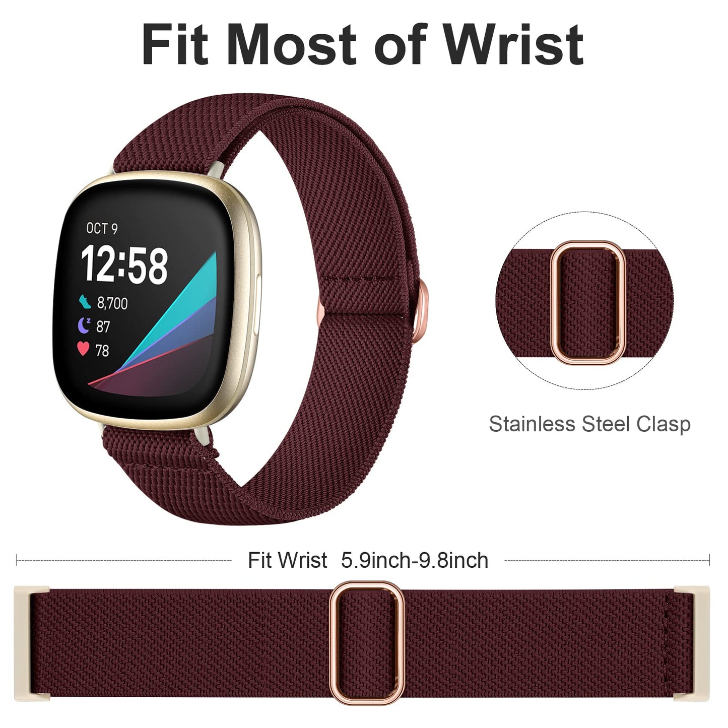 Ouwegaga Compatible with Fitbit Sense 2 Bands/Fitbit Sense Bands/Fitbit Versa 3 Bands Women Men/Fitbit Versa 4 Bands, Adjustable Sport Stretchy Nylon Solo Loop Elastic Strap for Fitbit Smartwatch