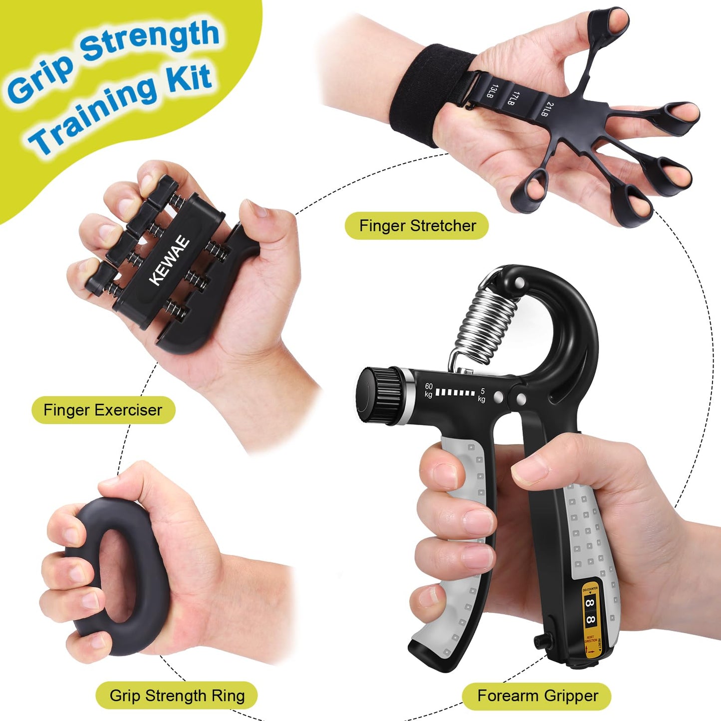 Grip Strength Trainer Kit 6 Pack with Finger Exerciser, Hand Grip Strengthener, Hand Extension Exerciser and Forearm Workout Ring for Muscle Building and Injury Recover