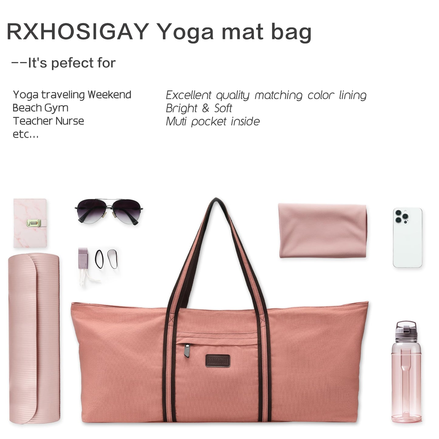 RXHOSIGAY with Multi-Functional Storage Pockets Full-Zip Extra Large Yoga Mat Tote Bag Sports Gym Pilates Bag Pink