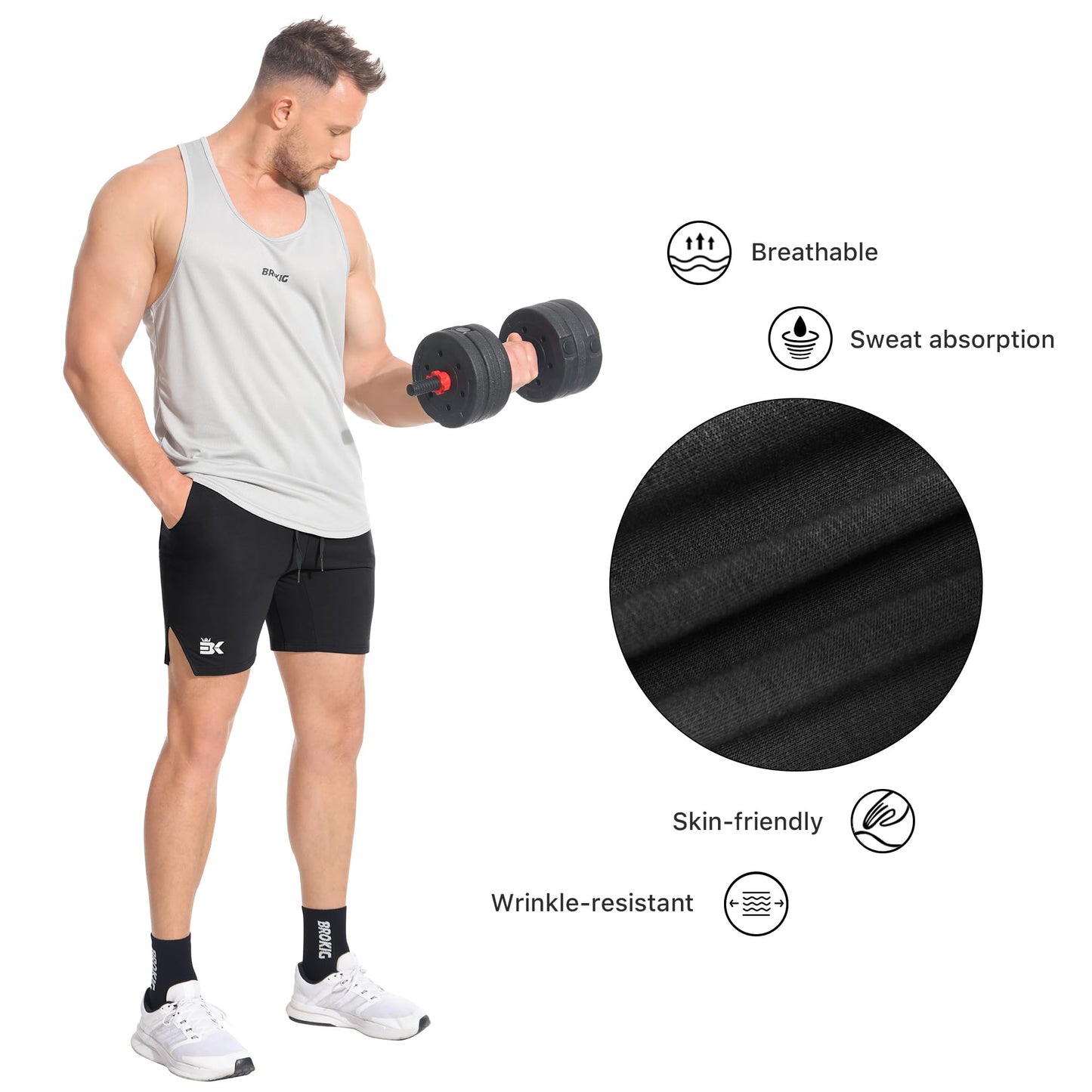 BROKIG Men's Airstretch Gym Shorts,5 Inch Slim Fit Running Exercise Athletic Workout Shorts for Men with Zipper Pockets(Black,Large)