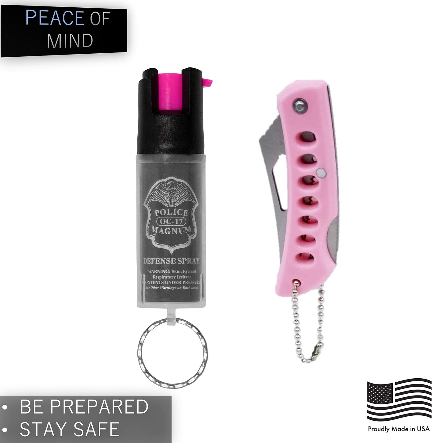 Police Magnum Mini Pepper Spray Self Defense- Small Discreet Pink OC Spray- 1 Pack 1/2oz Twist Lock Keyring (Pink Pocket Knife & Clear Sleeve)