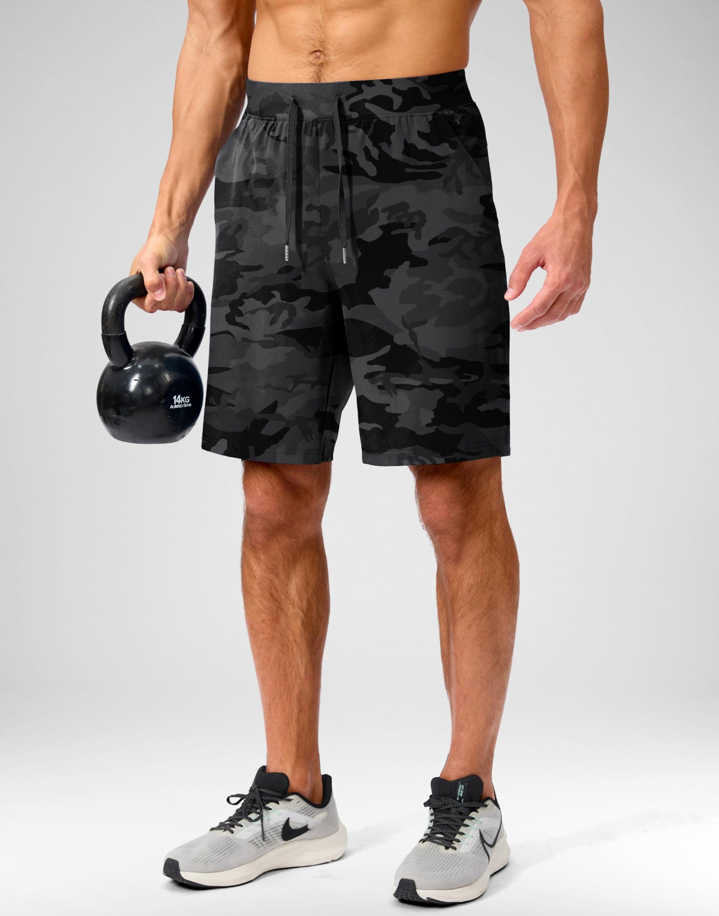 Soothfeel Men's Running Shorts with Zipper Pockets 9 Inch Lightweight Quick Dry Gym Sports Athletic Workout Basketball Shorts for Men (Grey Camo, M)
