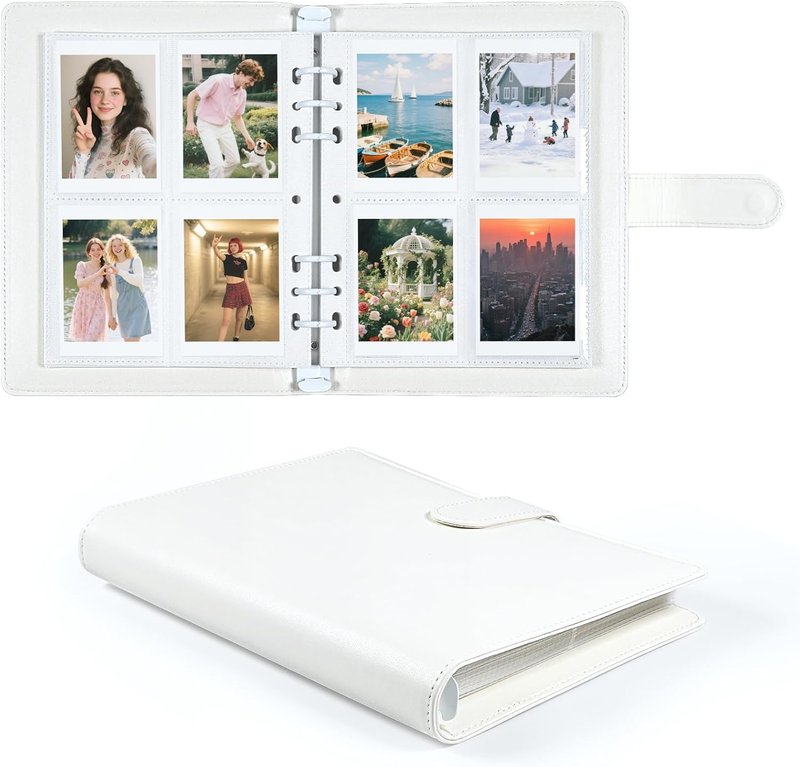 Refillable A5 Photo Album - PU Leather 200 Pocket Binder for Fujifilm Instax Mini & Polaroid Cameras | White
