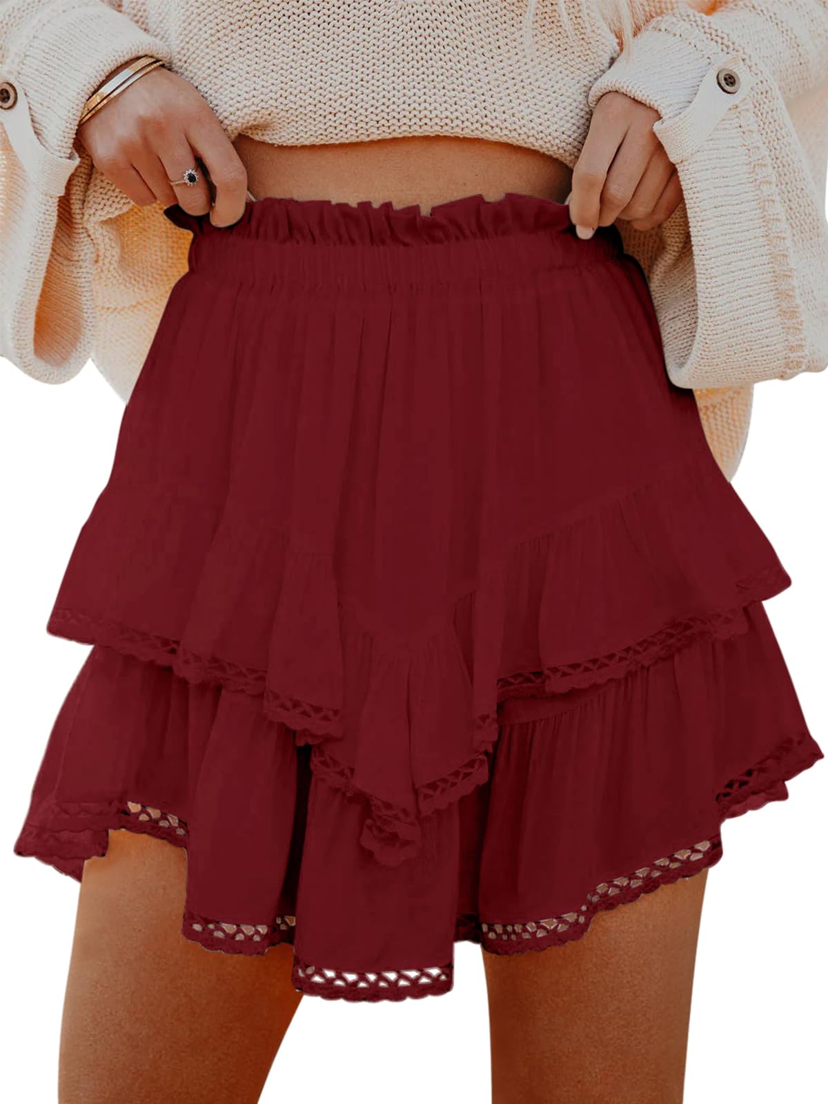 Aoudery Flowy Shorts for Women Casual Boho Ruffle Tiered Skorts High Waist Mini Skirts Golf Tennis Butterfly Crochet Shorts - Red L
