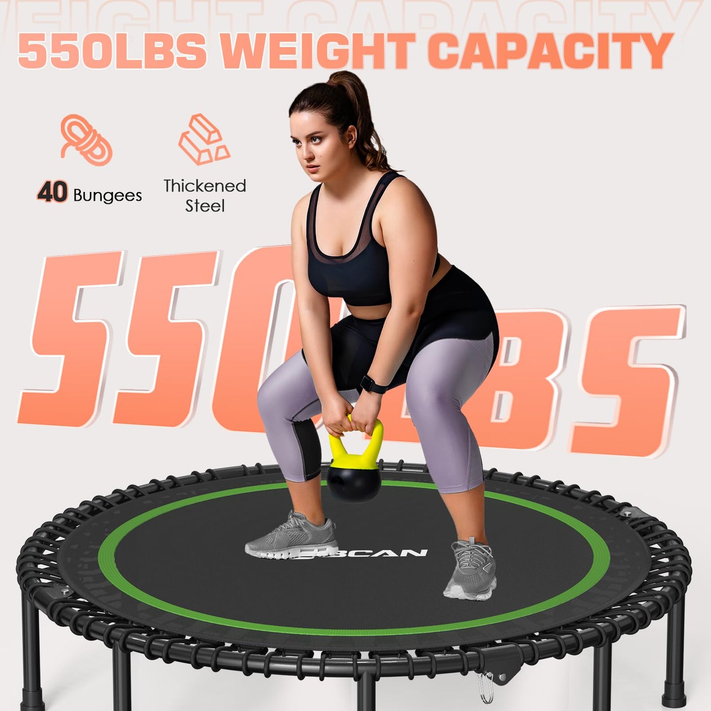 BCAN 550 LBS Foldable Mini Trampoline, 48" Fitness Trampoline with Adjustable Handle Bar, Bungees, Stable & Quiet Exercise Rebounder for Kids Adults Indoor/Garden Workout-Green