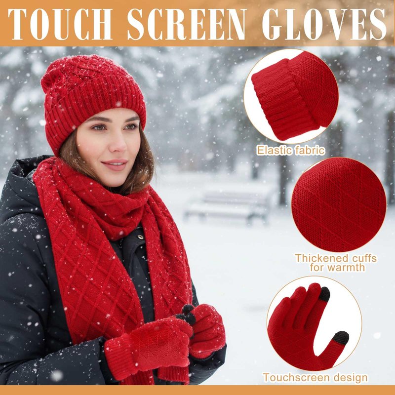 Geyoga 6 Pcs Winter Warm Set for Women Warm Beanies Hats Touchscreen Gloves Long Scarf Ear Muffs Socks Winter Gifts for Women(Red,Argyle)