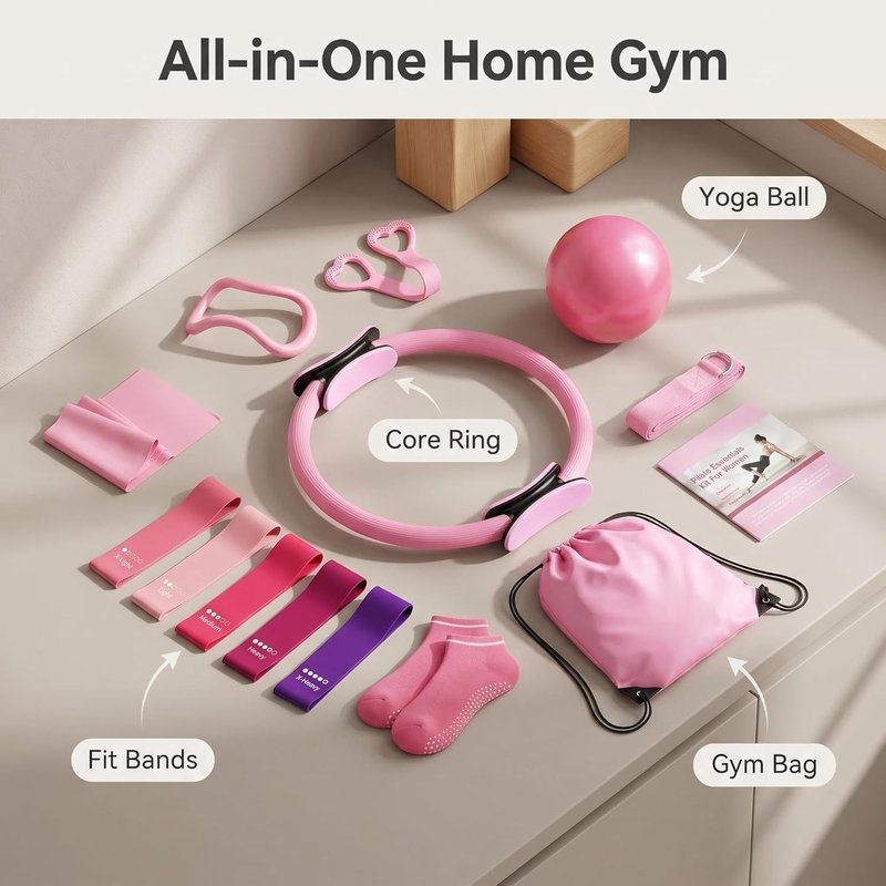 PATISYNC 13Pcs Pilates Essentials Kit for Women, Pilates Equipment for Home Workouts with Magic Circle, Mini Ball, 5 Resistance Bands, Pilates Starter Set for Strength, Toning and Flexibility, Pink