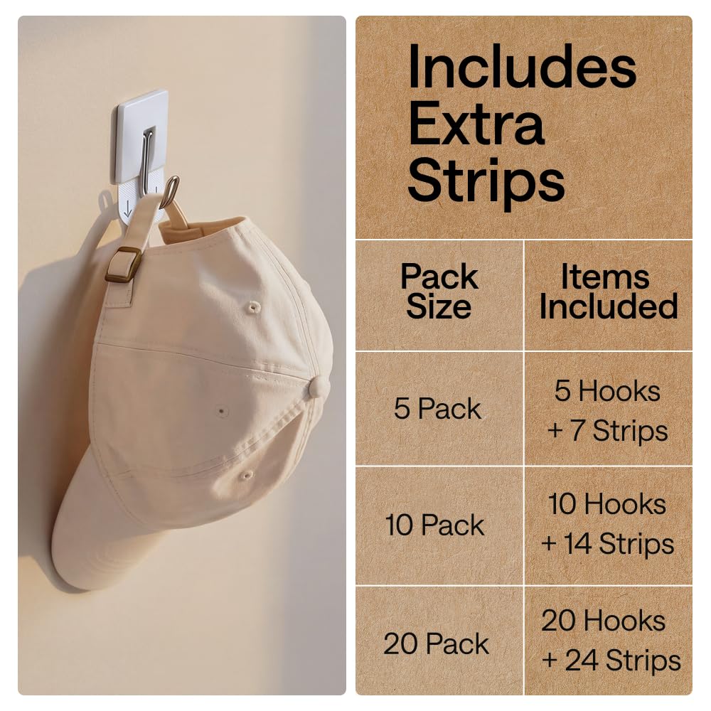 GORILLA GRIP Adhesive Hooks for Hanging, Heavy Duty Self Adhesive Wall Hooks, Damage-Free Removable Metal Hook, No Tools Required, Wall Hanger for Kitchen Bathroom Towel Coat Keys Purse, 5 Pack