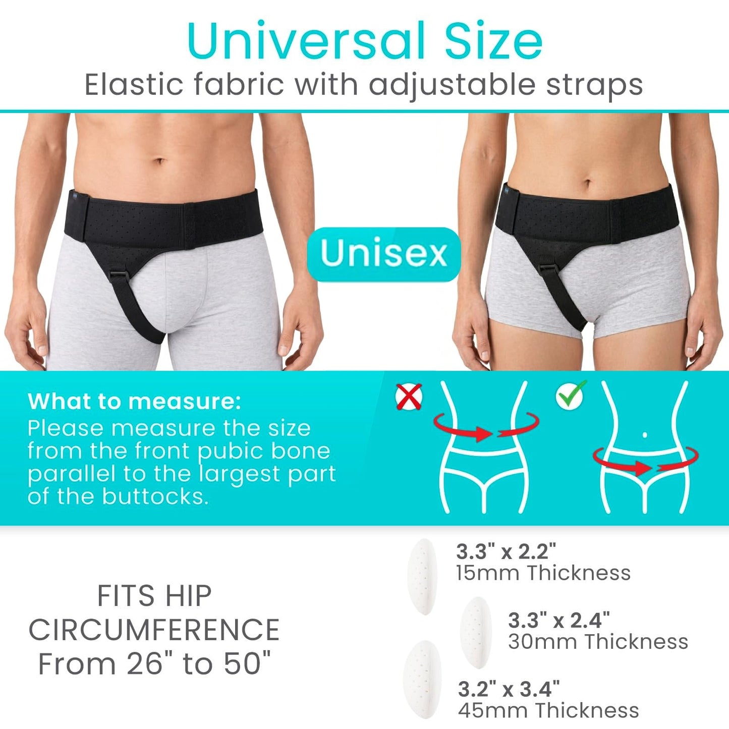 Vive Inguinal Hernia Belt for Men & Women - Left or Right Groin Support Truss for Targeted Compression, Pain Relief, Comfort, Pre & Post Surgery, Injury Recovery - 3 Removable Pressure Pads and Splint (Black)