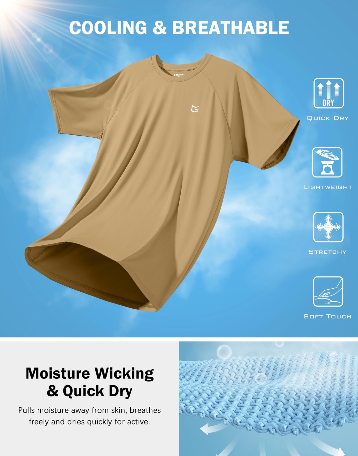 G Gradual Men's Athletic Workout T-Shirts Moisture Wicking Cooling Running Shirts Short Sleeve Performance Tee for Gym Tennis(Khaki,XXL)
