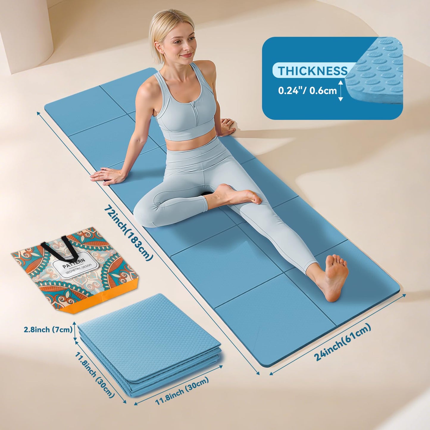 Foldable Travel Yoga Mat 72"x24"x0.24", Lightweight Non Slip Exercise Mat, Portable Folding Workout Mat for Yoga, Pilates, Stretching, Home Gym, Outdoor Fitness & Travel