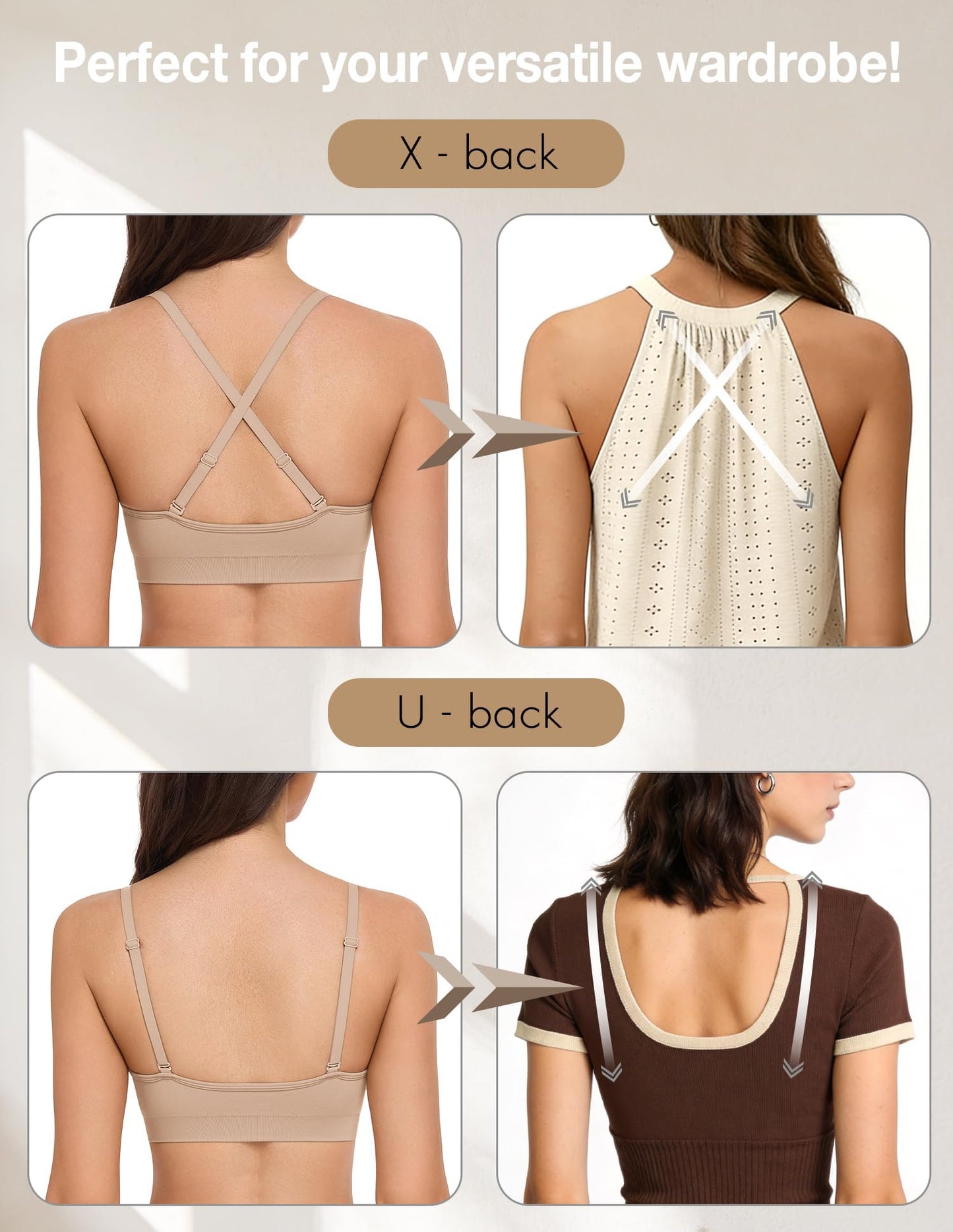 WANAYOU Bralettes for Women with Support Bras for Women Wireless Bras Compfortable No Underwire Push Up Padded Bra Seamless Soft Supportive Everyday Bras V Neck Ajustable T shirt Bra 3 Pack