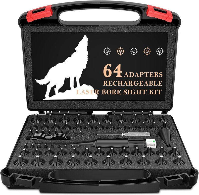 USB Rechargeable Green Laser Bore Sight Kit - 64 Adapters for 0.17 to 12GA Calibers | Precision Alignment Tool for Guns, Rifles, and Pistols