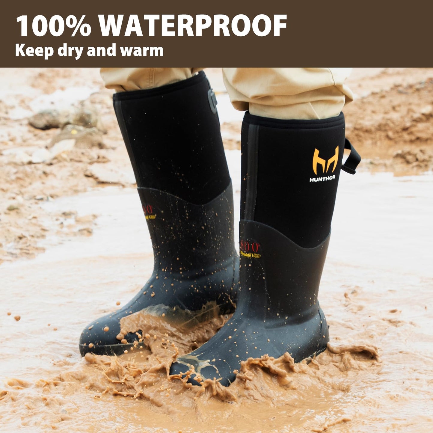 Rubber Work Boots with 800g Insulation, Puncture-Proof Steel Toe & Shank, Waterproof and Insulated 6mm Neoprene Hunting Boots for Farming, Construction, Fishing, and Manufacturing (Black, Size 7)
