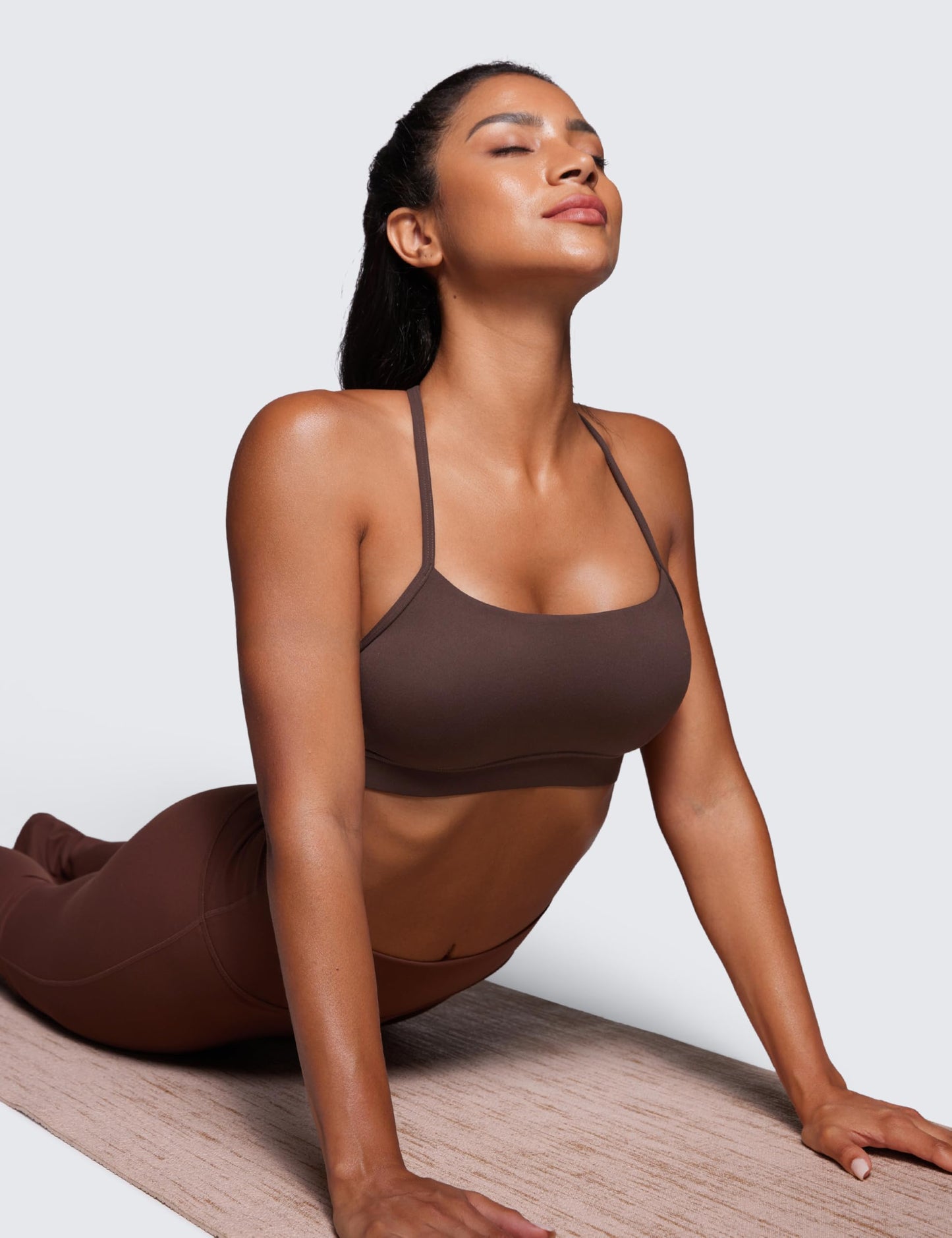 CRZ YOGA Butterluxe Y Back Sports Bras for Women - Padded Racerback Low Impact Spaghetti Thin Strap Workout Yoga Top Hot Fudge Brown Small