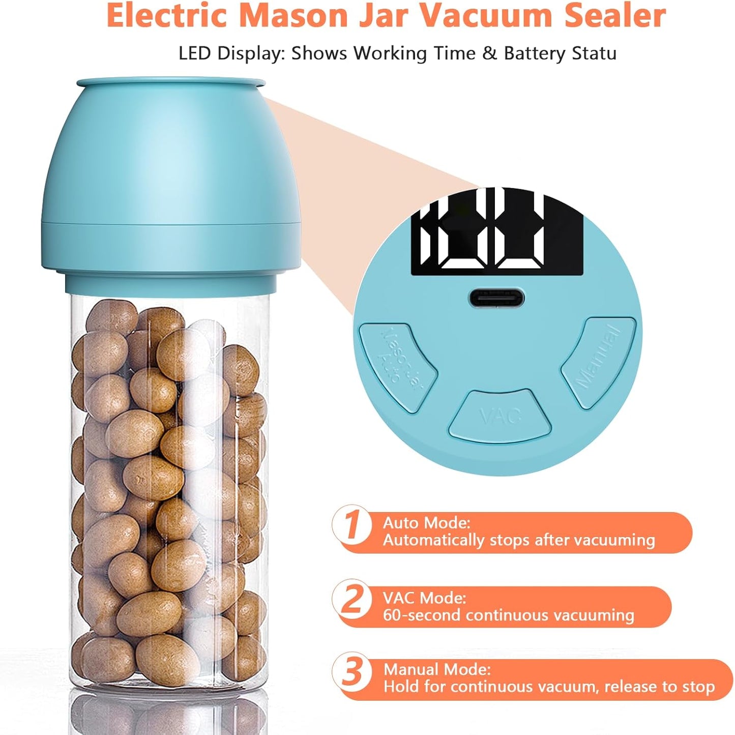 Electric Mason Jar Vacuum Sealer Kit - Automatic Food Storage & Fermentation | Includes 10 Lids, Blue