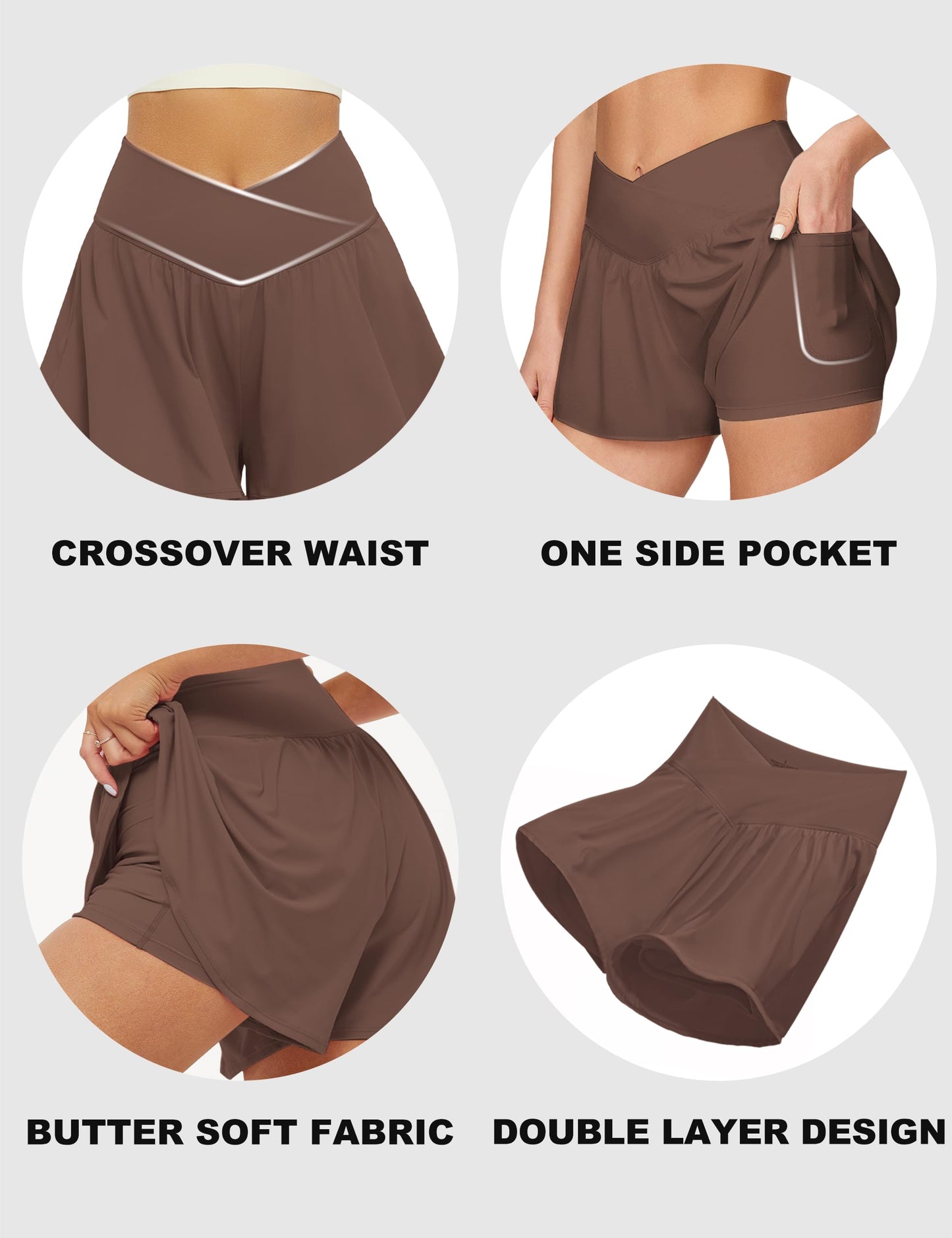 FireSwan Crossover Athletic Shorts for Women 2 in 1 Flowy Running Shorts with Pockets Spandex Butterfly Workout Tennis Skorts Brown