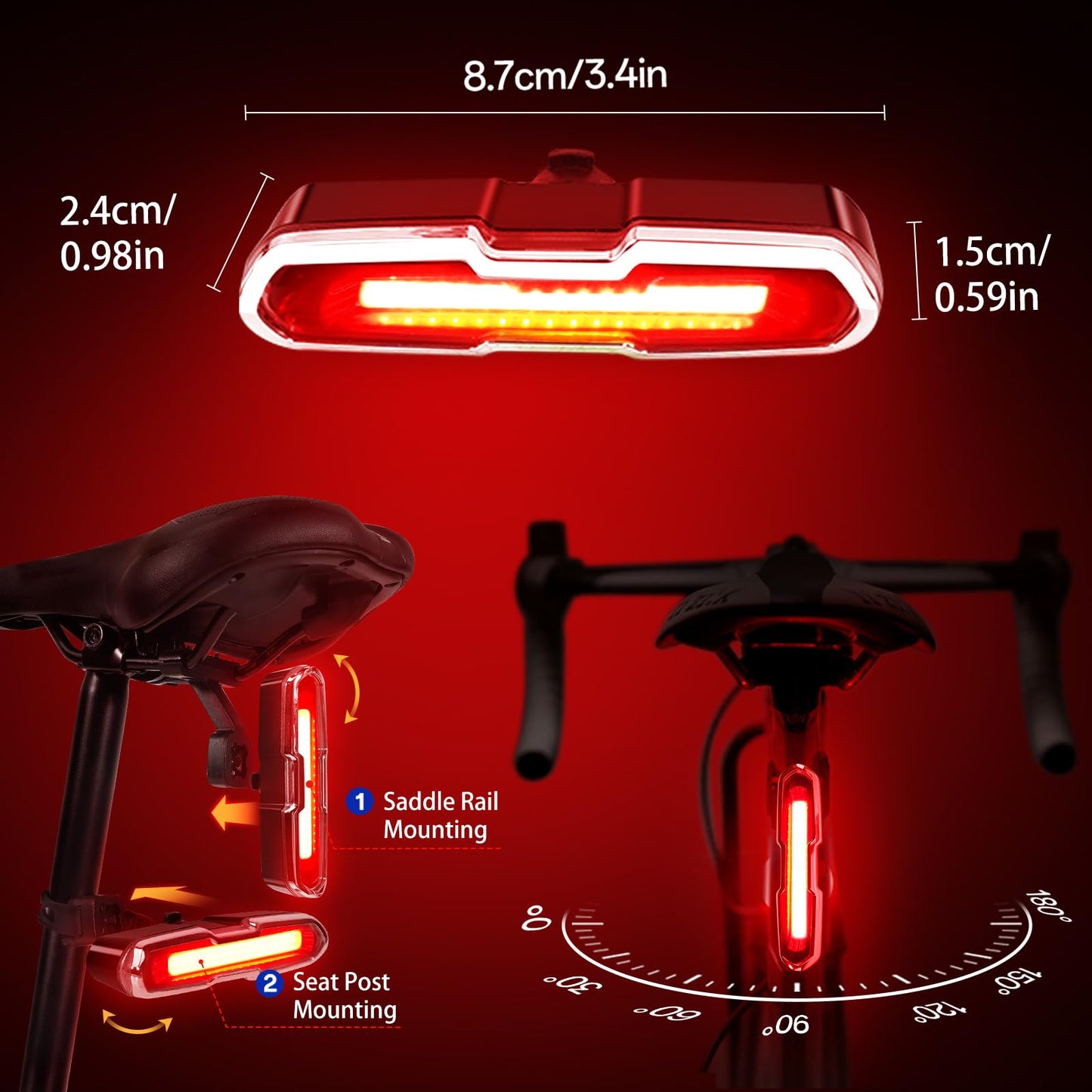 Bike Tail Light Powerful 110 Lumens - Rear Bike Light 5 Modes Red/Blue, Waterproof IP64, Rechargeable USB-C, Quick Release Brackets for Saddle & Seatpost, DON PEREGRINO B2 Bicycle Lights