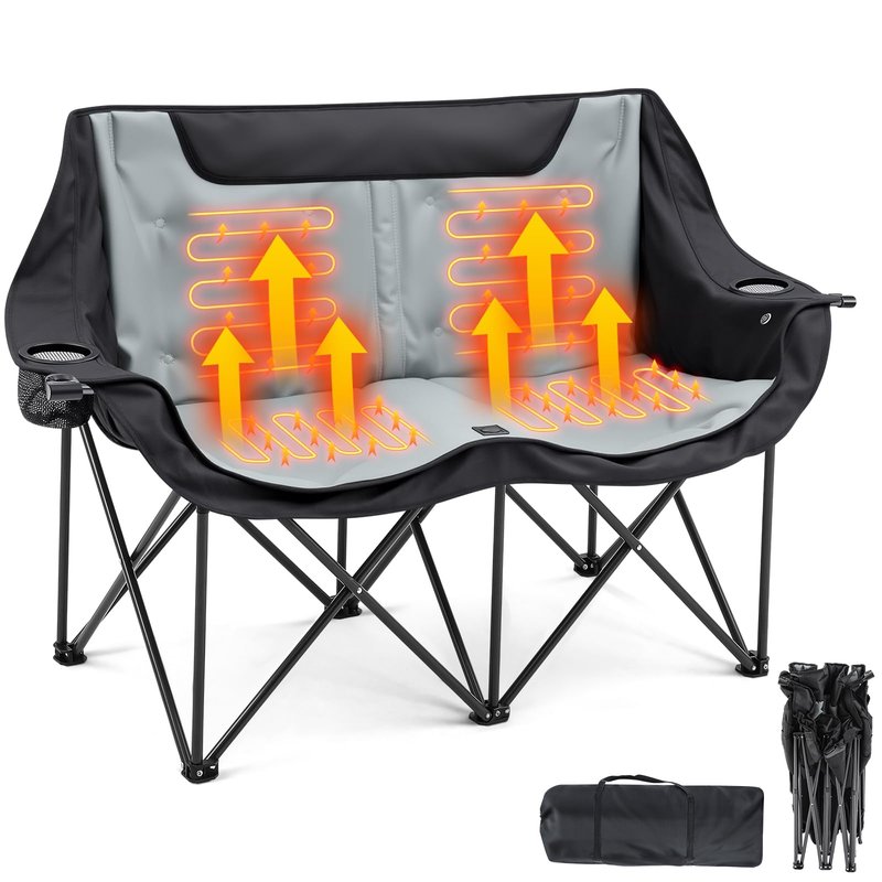 Heated Double Camping Chair for Adults, 4 Heating Zones & 3 Heat Levels, Padded Loveseat Oversize Folding Chair Portable for Outdoor Sports Lawn, Use 5v/3a Power Bank (Not Included)(Black, Gray)