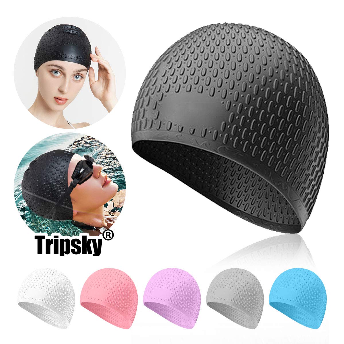 Tripsky Silicone Swim Cap,Comfortable Bathing Cap Ideal for Curly Short Medium Long Hair, Swimming Cap for Women and Men, Shower Caps Keep Hairstyle Unchanged (Black)