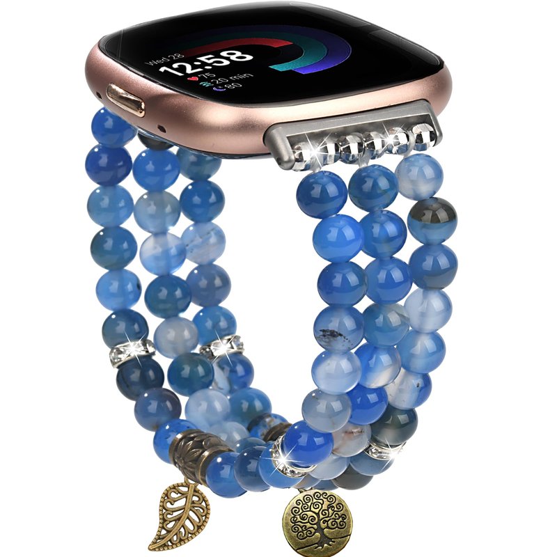 AWSMOR Beaded Band Compatible with Fitbit Versa 4/Versa 3 Bands/Fitbit Sense 2/Sense Bands for Women, Handmade Crystal Beads Stretchy Watch Bracelet for Versa 4 （Blue Agate)