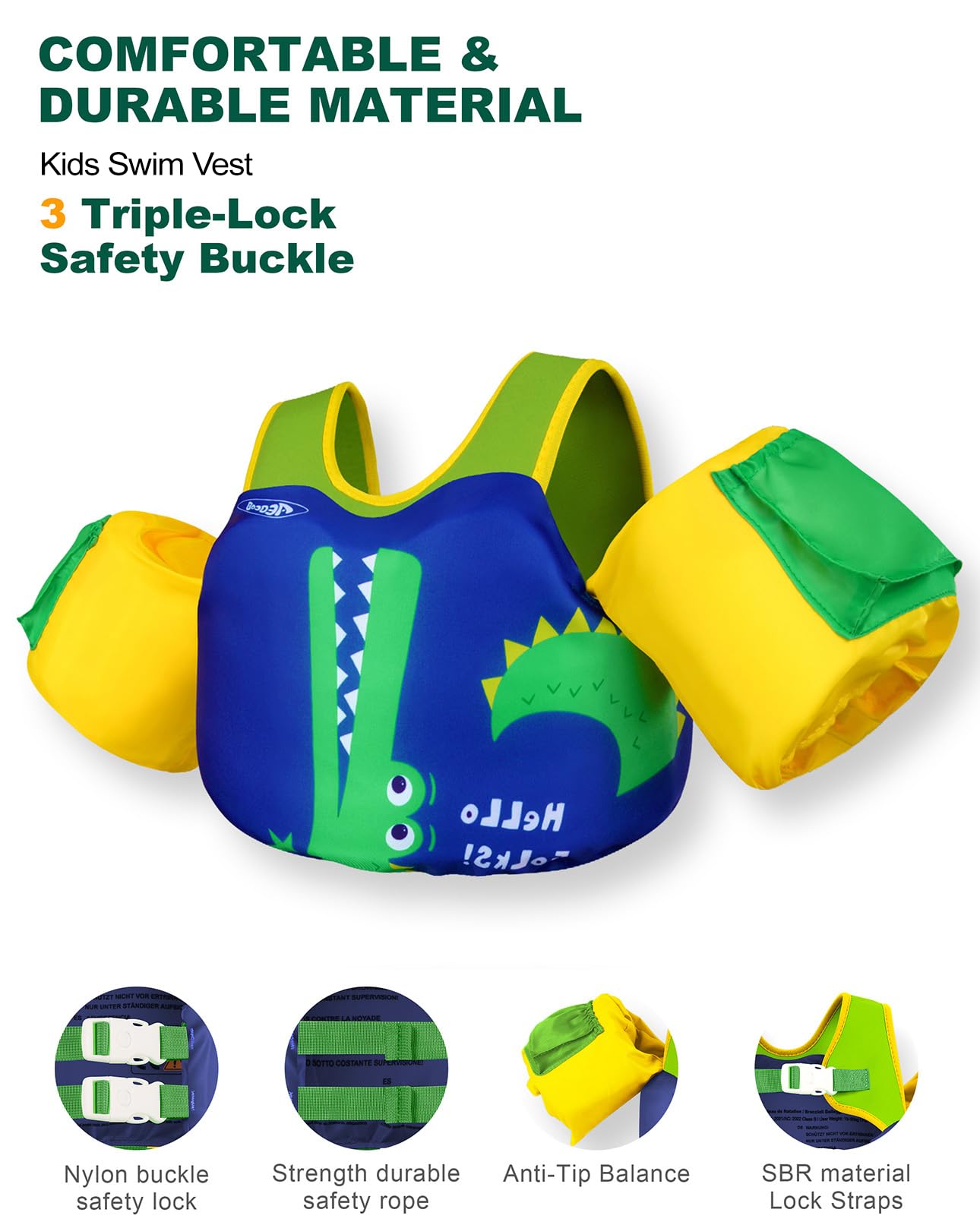 AEOCOO Puddle Float Jumper 30-50-60-66 Pounds, Toddler Swim Vest for 2-3-5-7 Years Old, Pool Floats with Swimming Arm Floaties Swim Jacket for Kids Swimmies, Boys, Girls, Niños, Crocodile