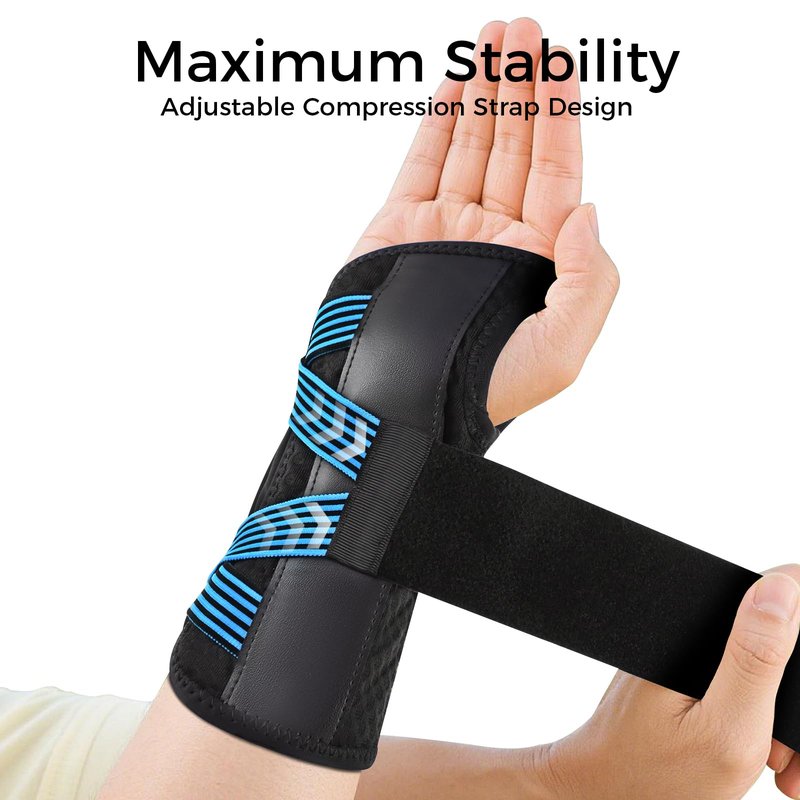 Carpal Tunnel Wrist Support Brace Night & Day-Right Hand for Work, Pain Relief, Wrist Splint for Tendonitis, Sprain, Strain, Rigid Hand Brace for Arthritis for Women & Men (Blue, S/M, Right Hand)