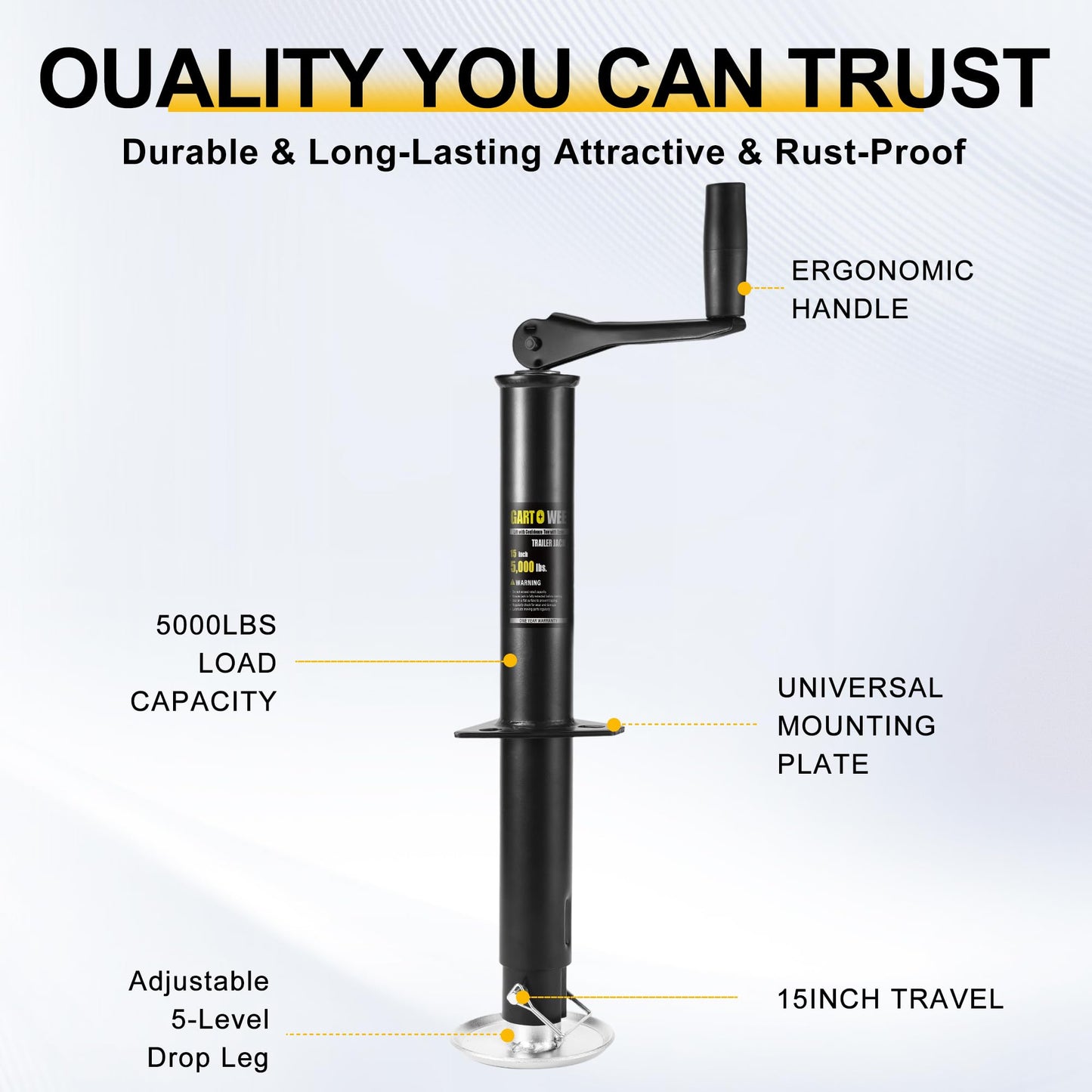 GARTOWEE 5000 lbs A-Frame Trailer Jack, 15" Vertical Travel with Adjustable Drop Leg, Heavy Duty top Wind Trailer Jack for Utility, Yacht, and Camper Trailers