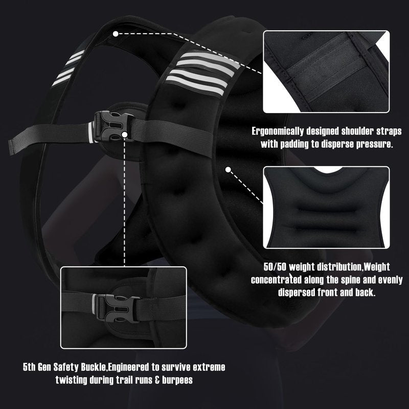 NATURELUX Weighted Vest with Reflective Stripe and Adjustable Buckle Straps, Black, 10 lbs