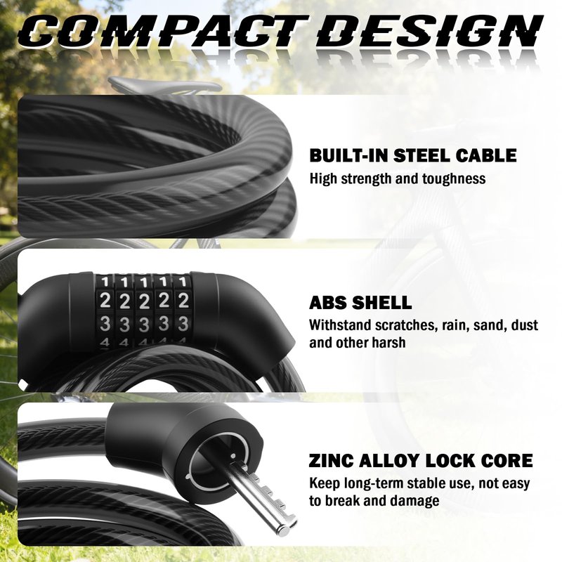 3.93 Ft Bike Locks Cable Anti-Theft,Resettable 5 Digit Bike Lock Combination Kit with Mounting Bracket,Anti-Cut Bikes Chain Lock Bikes Accessories for Bicycle,Scooter,E-Bike