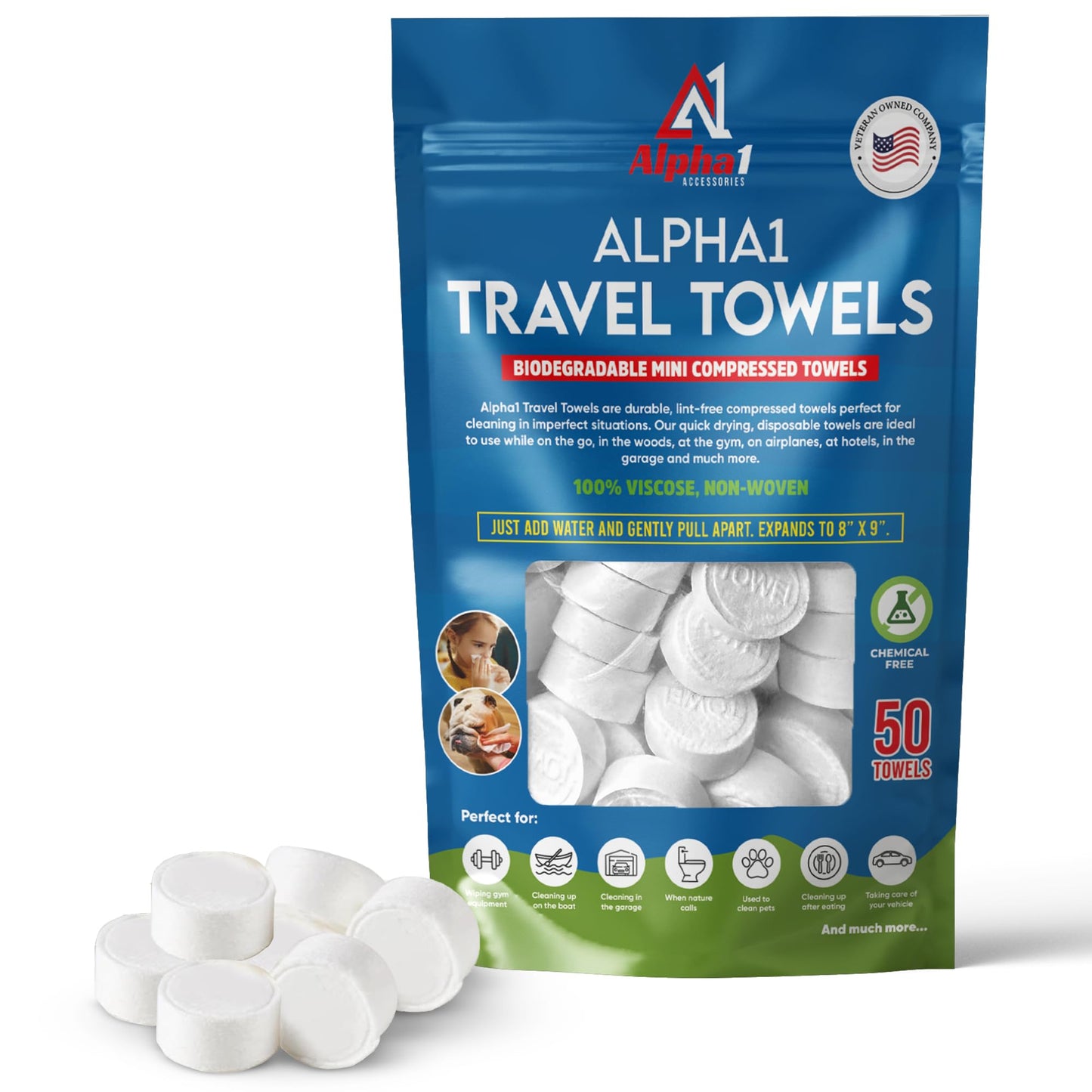 Compressed Towel Tablets - 50 Pack of Compressed Coin Towels 8" x 9" - Disposable Face Towel Wipes - Perfect for Camping, Traveling & Hiking