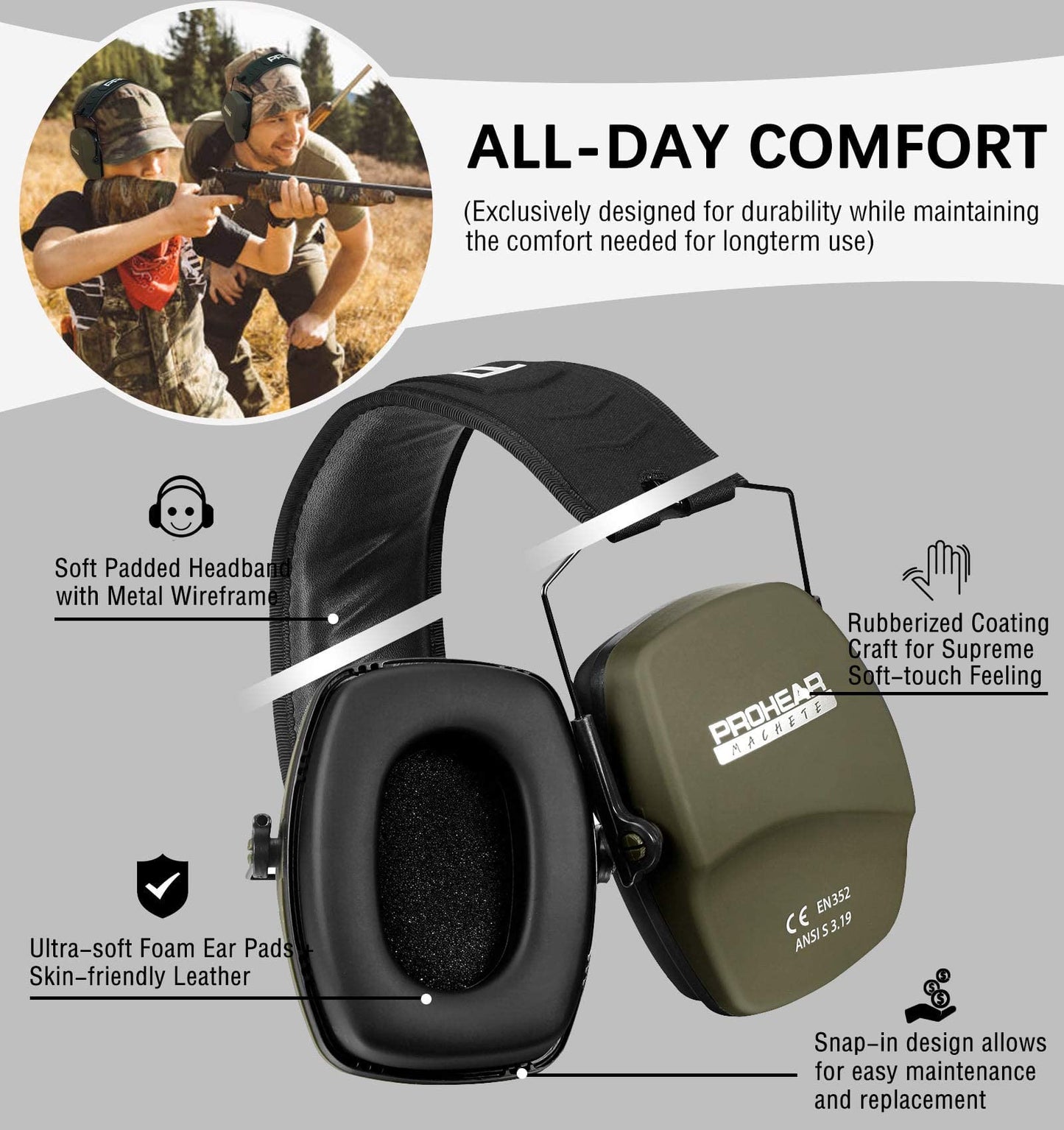 PROHEAR 016 Ear Protection Safety Earmuffs for Shooting, NRR 26dB Noise Reduction Slim Passive Hearing Protector with Low-Profile Earcups, Compact Foldable Ear Defenders for Gun Range, Hunting (Green)