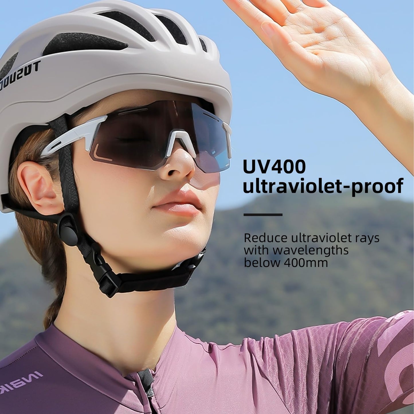 TOSUOD Fit Over Sunglasses for Cycling | Over Prescription Glasses | White Frame with Photochromic Lenses (Clear to Dark)