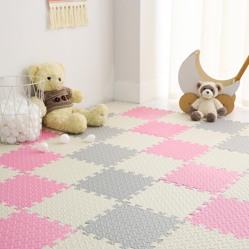 Foam Play Mat for Baby - Soft Non-Toxic Interlocking Floor Mats | 0.4 Inch Thick, 16 Tiles (White/Light Gray/Pink)