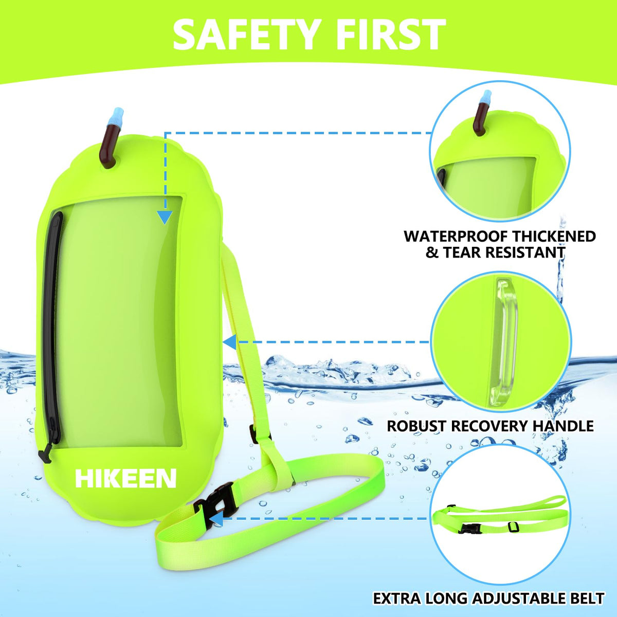Hikeen Swim Buoy - 2 PCS Waterproof Touchscreen Swim Buoy, Update Swim Safety Float w/Adjustable Waist Belt for Open Water Swimmers -Be Bright, Be Safer