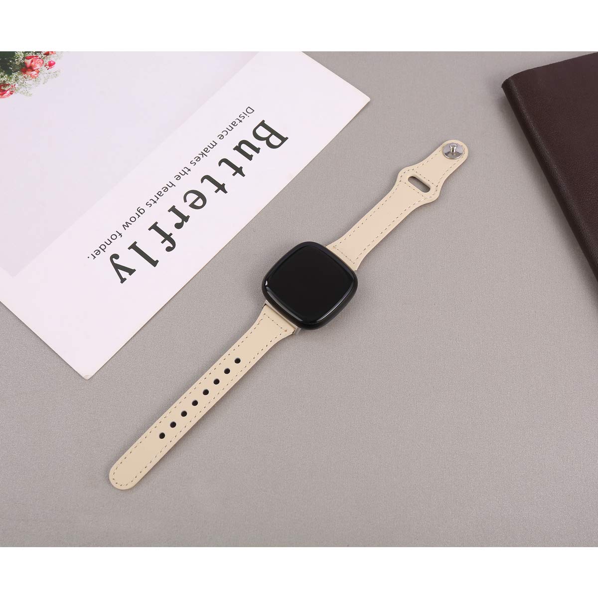 Mtozon Leather Bands Compatible with Fitbit Sense 2/Sense/Versa 4/Versa 3, Replacement Genuine Leather Straps for Women Men, Beige A