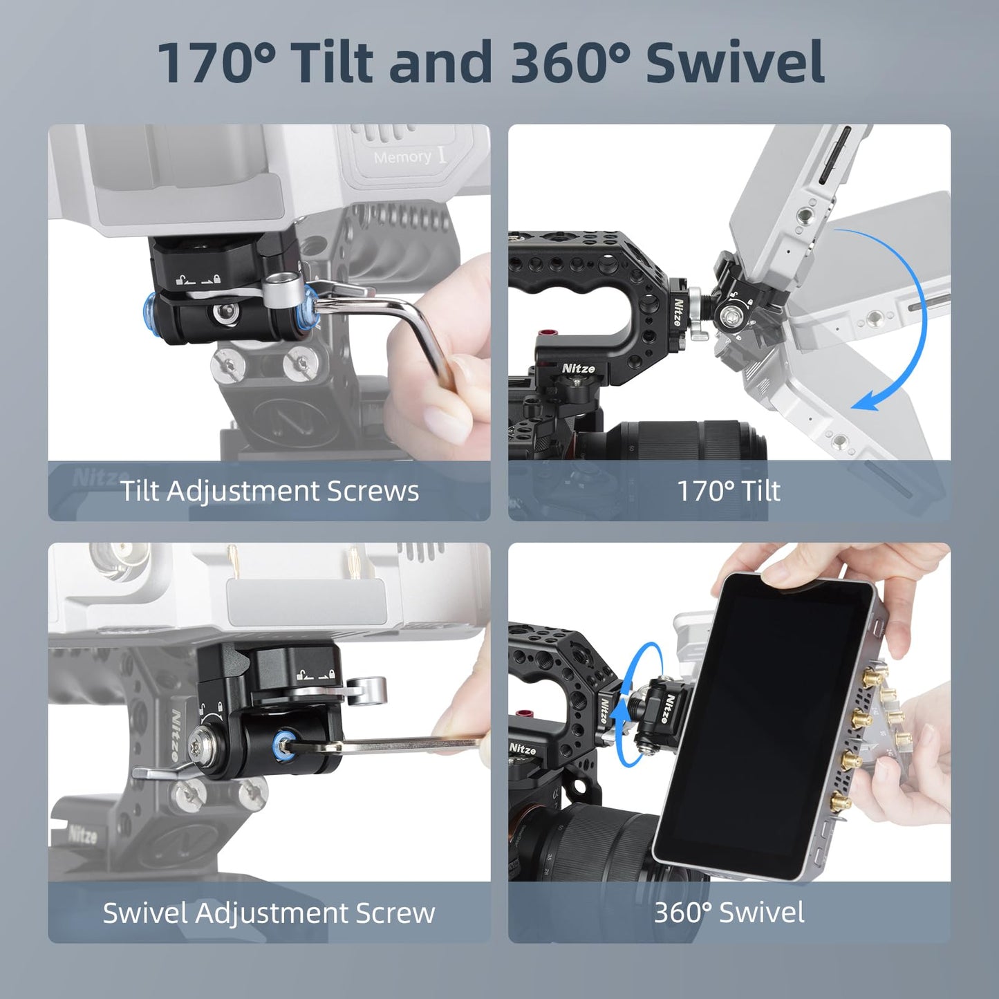 Nitze Quick Release Camera Monitor Mount (NATO Rail with 1/4” Screw and Retractable Pins to Cold Shoe), Field Monitor Mount with Adjustable NATO Clamp, 170° Tilt and 360° Pan - N54-S1