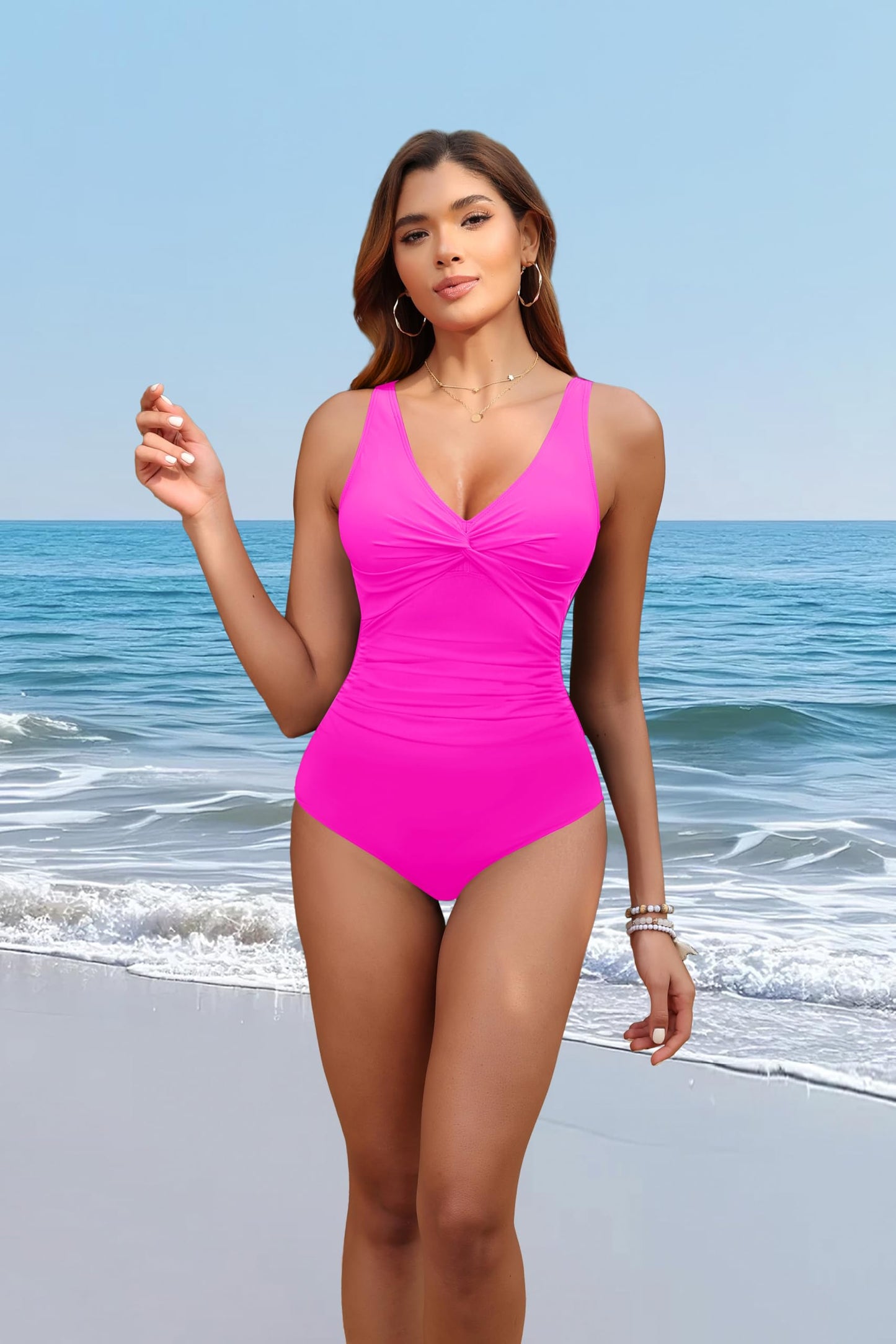 Holipick Hot Pink Women Tummy Control One Piece Swimsuit - Push Up Bathing Suit Full Coverage Slimming Swimwear M