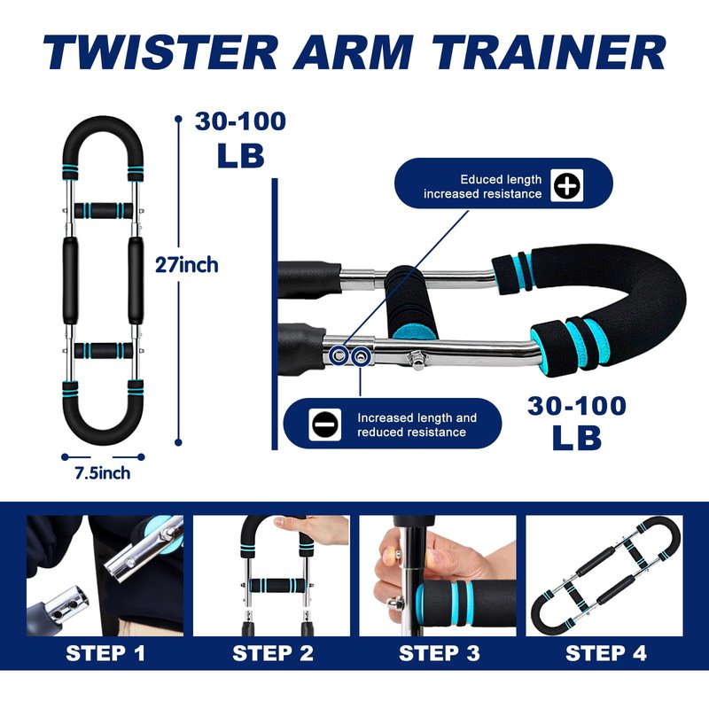 Pro-Grade Twister Arm Trainer- 30-100lb Arm Chest Exerciser with 4 Spring for Men & Women, Portable Adjustable Resistance Chest Workout Equipment with Anti-Slip Grips for Home Gym Strength Training