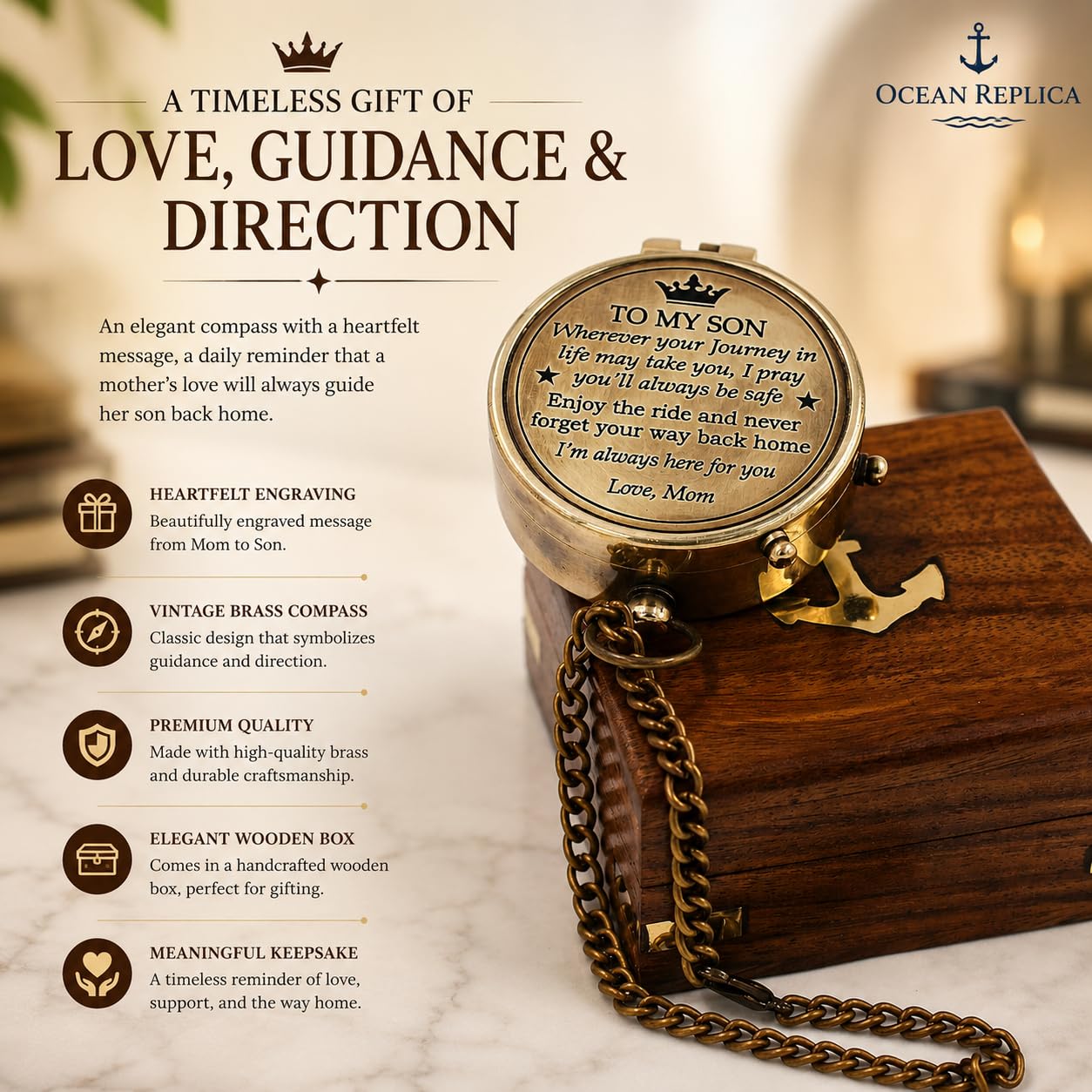 Mom to Son Compass – Engraved Compass Gift for Son from Mom – Birthday, Graduation, Confirmation, Parting or Sailor Gift – Inspirational Keepsake for Boys & Men