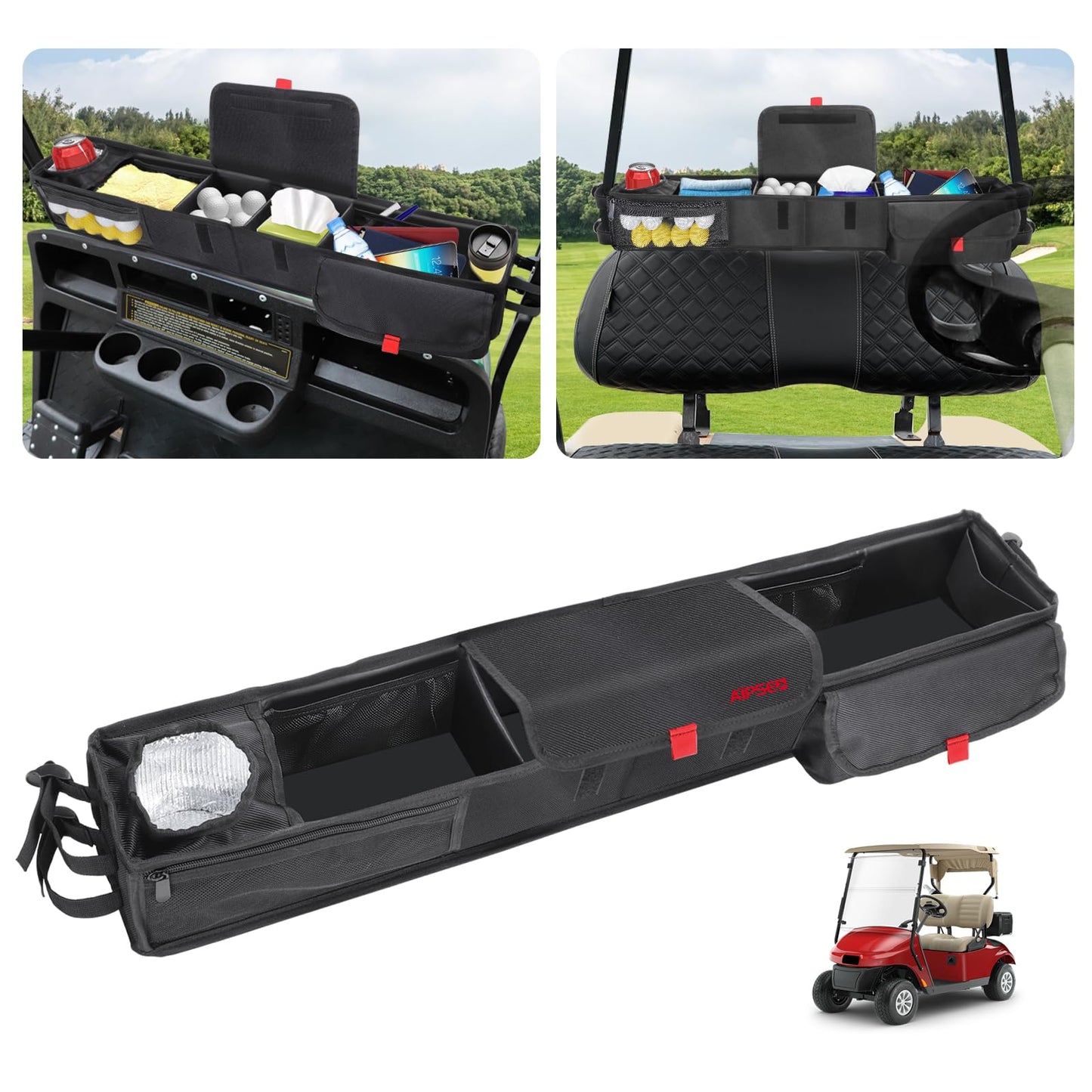 AIPSET Golf Cart Storage Basket No Drilling Front Inner Basket w/Insulated Cup Holder, Dash Tray Organizer Compatible with EZGO Club Car Yamaha, 1680D Waterproof Oxford, No Affect Windshield